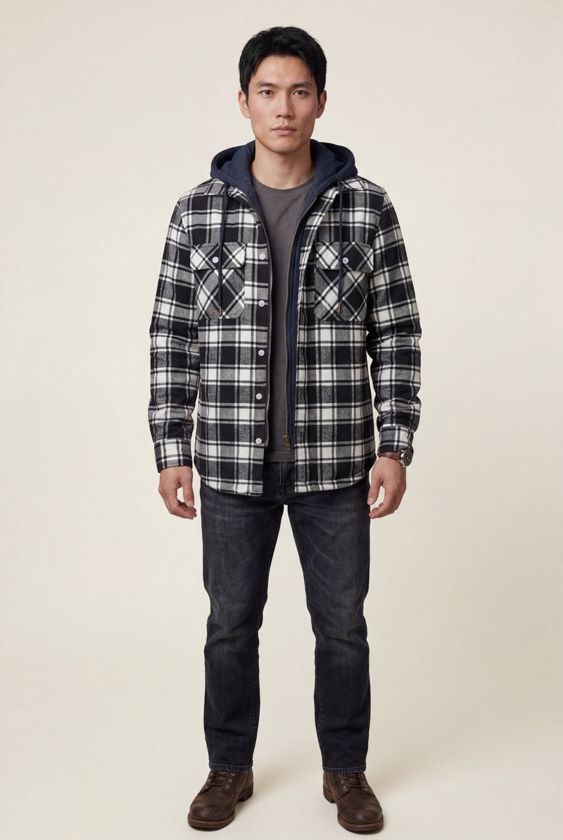 Black Large Check Pattern Hooded Flannel Jacket - Hooded jackets - Photo 2