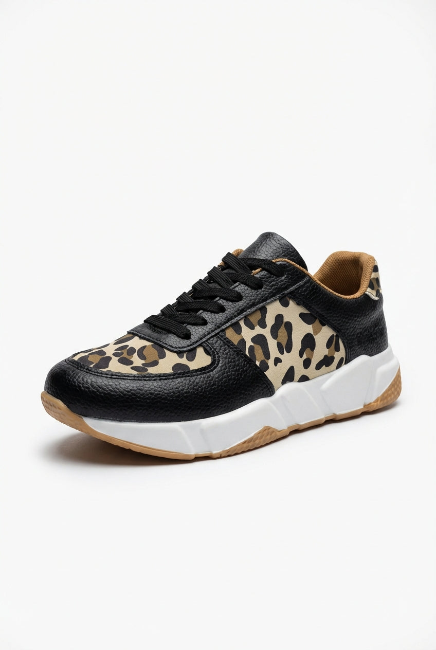 Black Leopard Print Panel Chunky Sole Sneakers - Photo 1