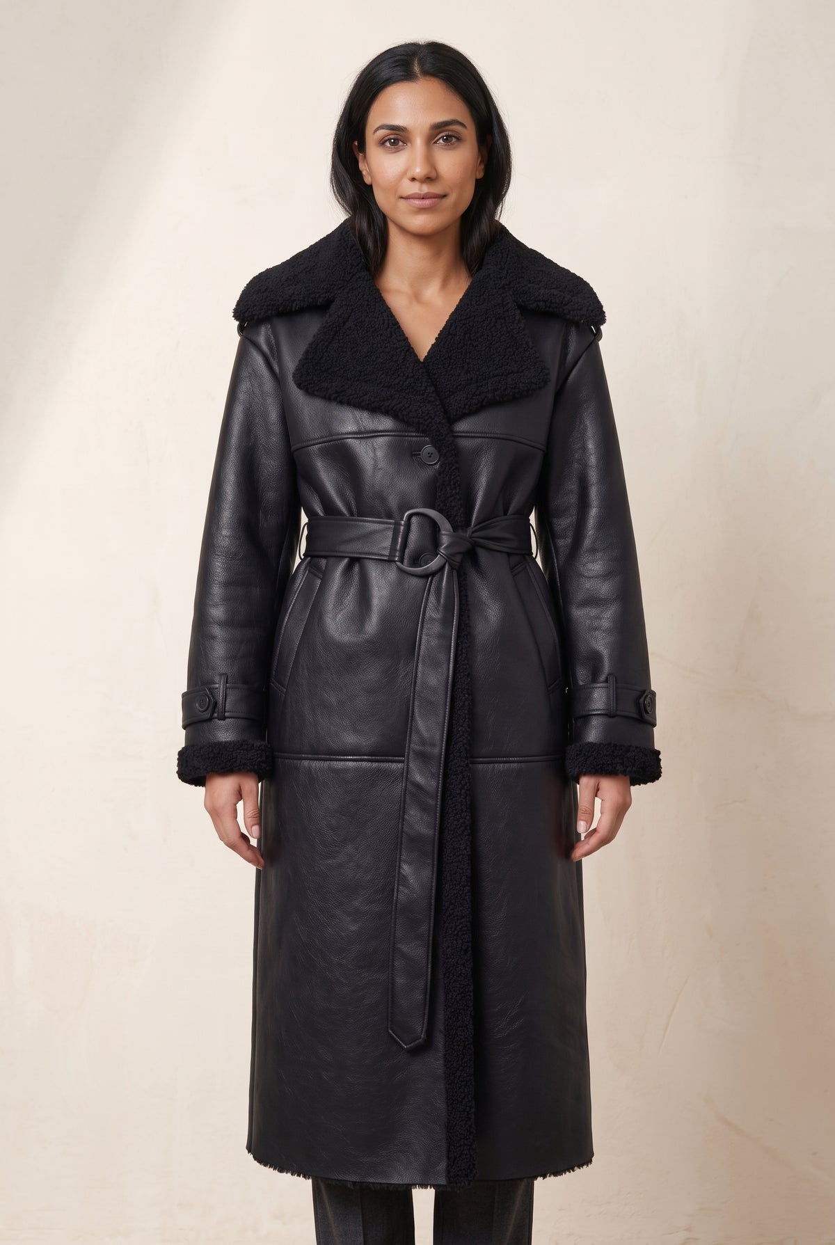 Long Coat Teddy Collar in Black — studio front
