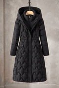 Longline Hooded Puffer Coat in Black — studio front