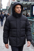 Matte Finish Hooded Puffer Jacket in Black — lifestyle