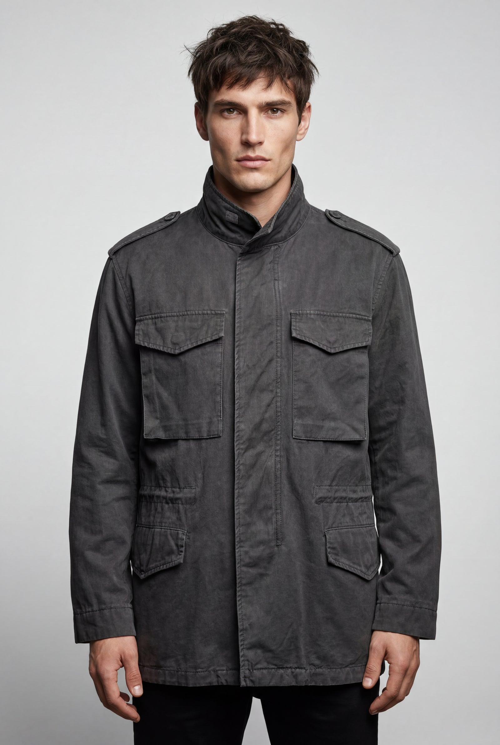 Black Matte Utility Pocket Field Jacket with Epaulettes - Casual jackets - Photo 3
