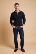 Men Polo Shirt Long Sleeve Checkered Collar in Black — studio front full body