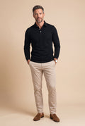 Men Polo Shirt Long Sleeve Slim Fit in Black — studio front full body