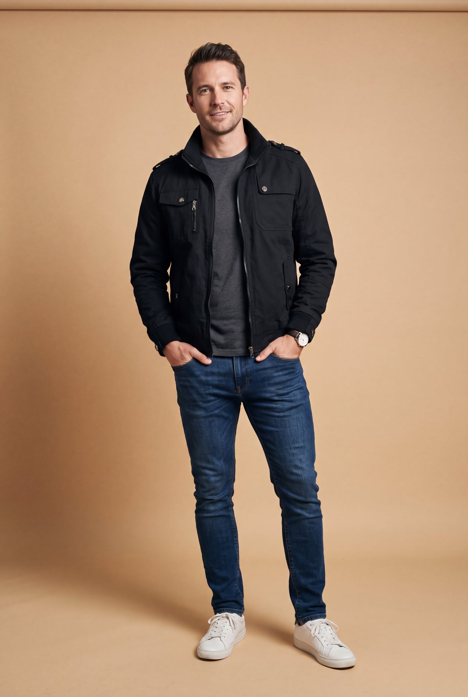 Men's Bomber Jacket Classic Fit in Black — primary studio