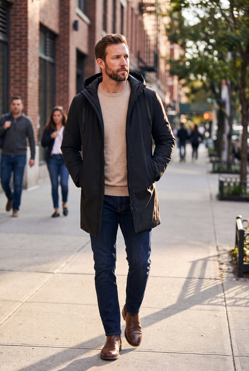 Men's Coat Mid-Length Quilted in Black — lifestyle shot 1