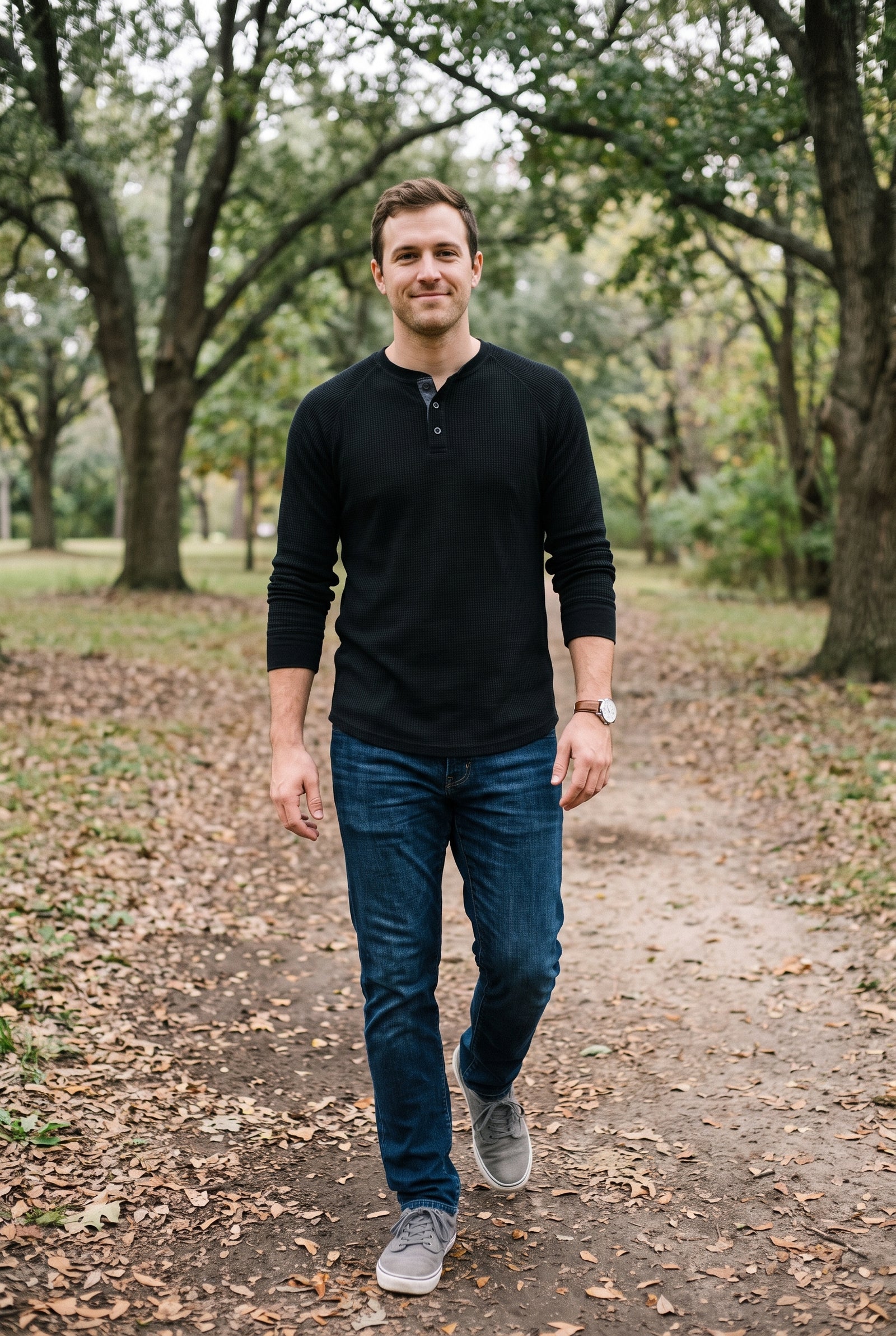 Men's Henley Shirt Long Sleeve Button Placket in Black — park walk