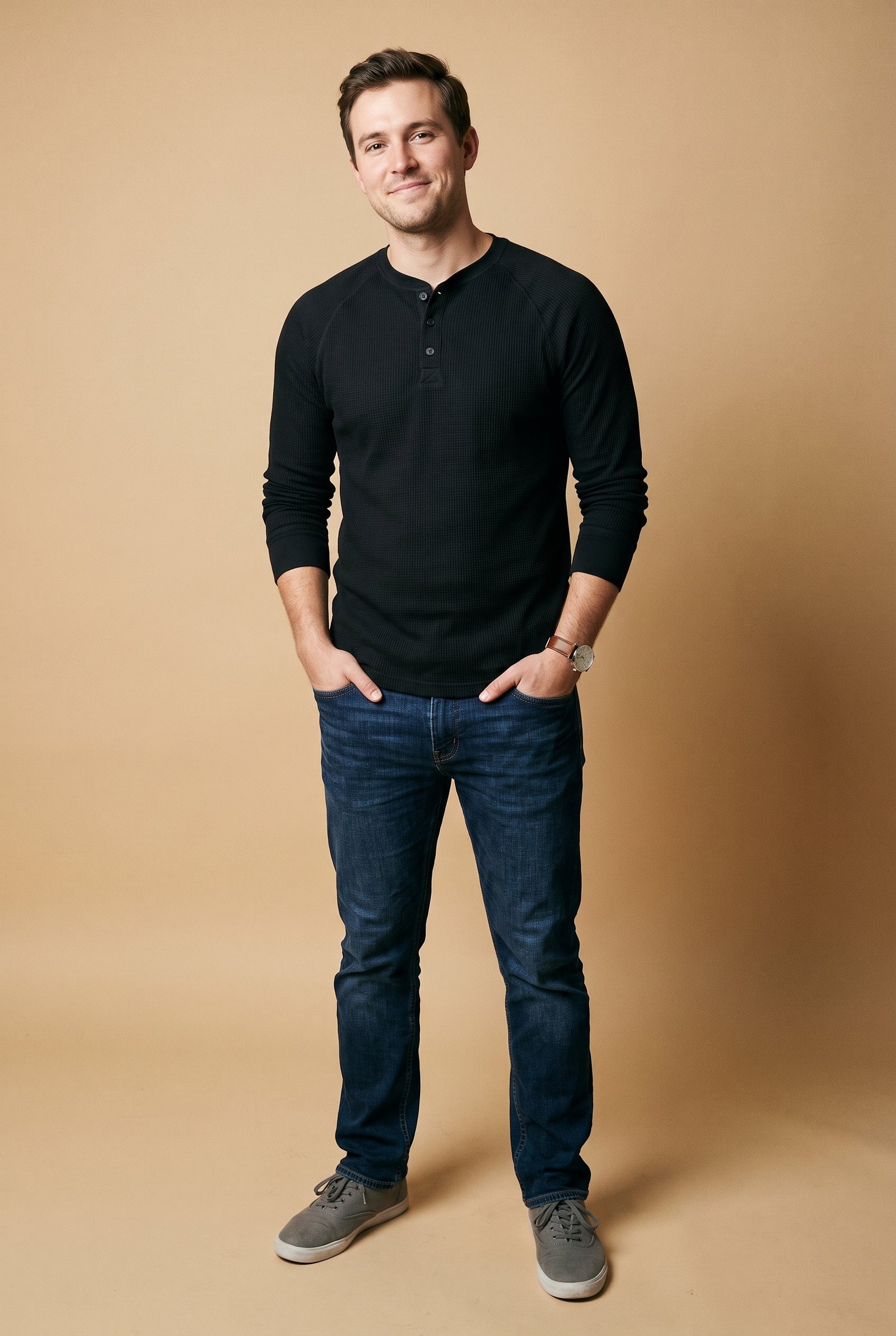Men's Henley Shirt Long Sleeve Button Placket in Black — studio full