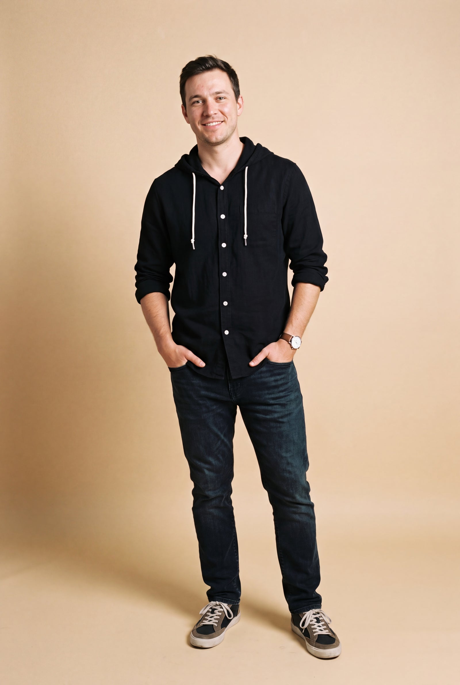 Men's Hooded Shirt Buttoned in Black — studio shot