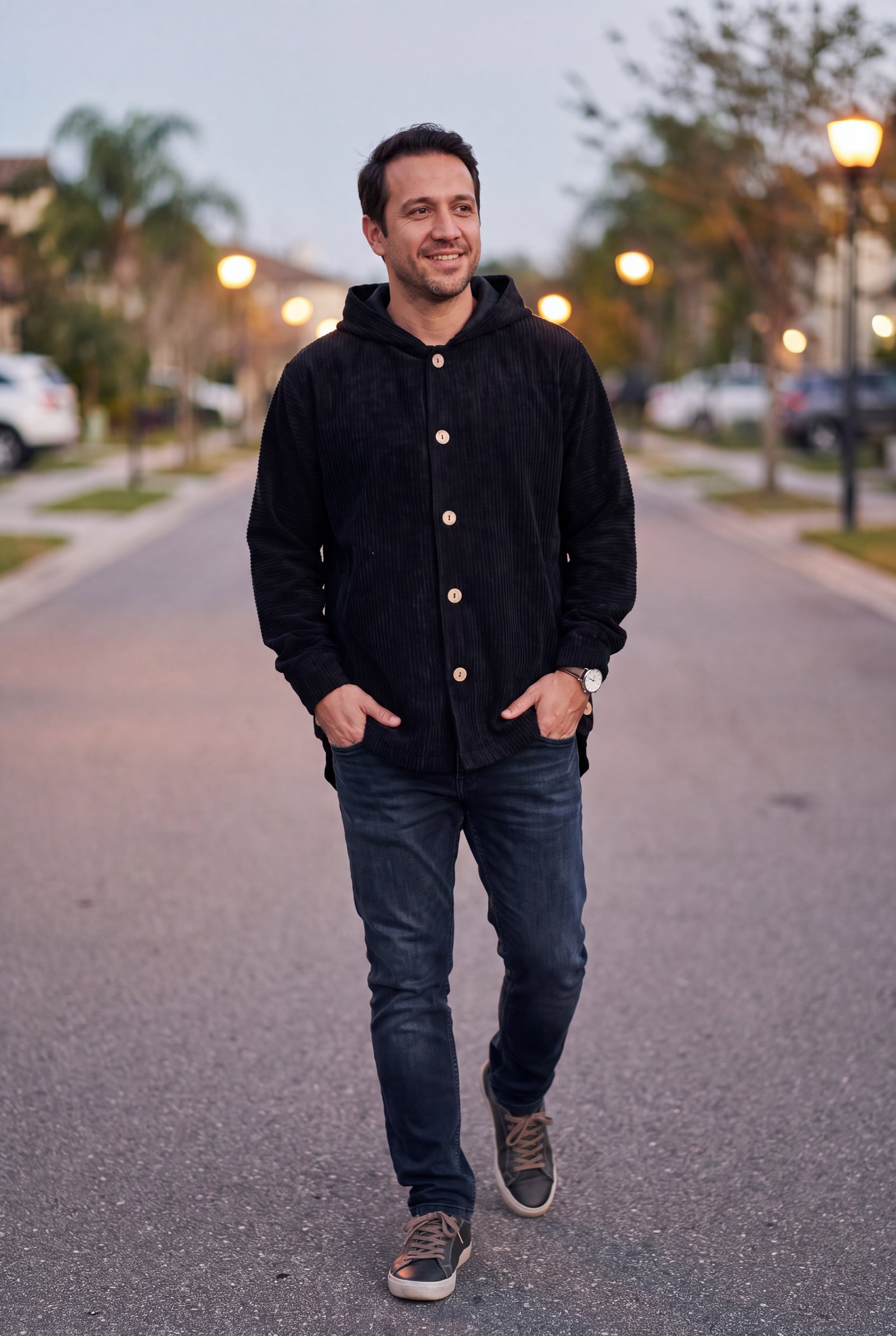 Men's Hoodie Jacket Relaxed Fit in Black — evening street