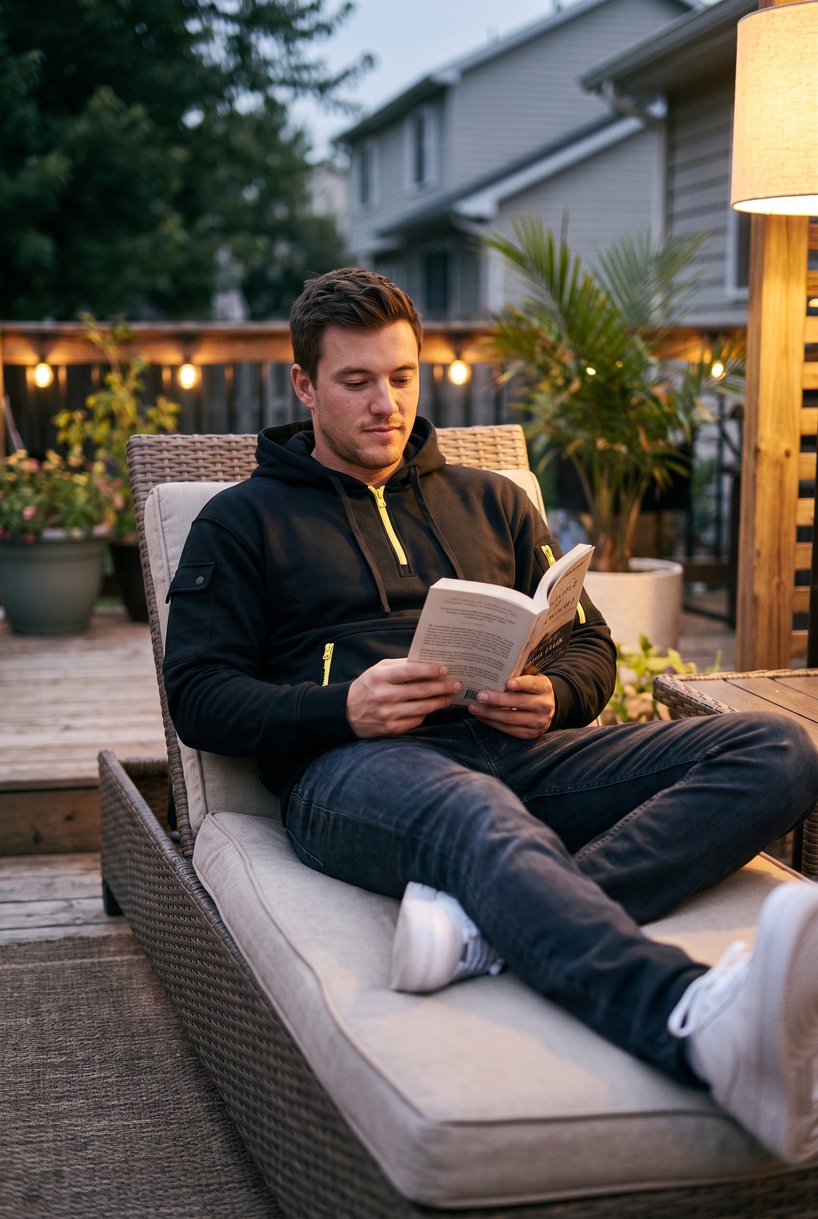 Men's Hoodie Relaxed Fit in Black — lifestyle patio evening