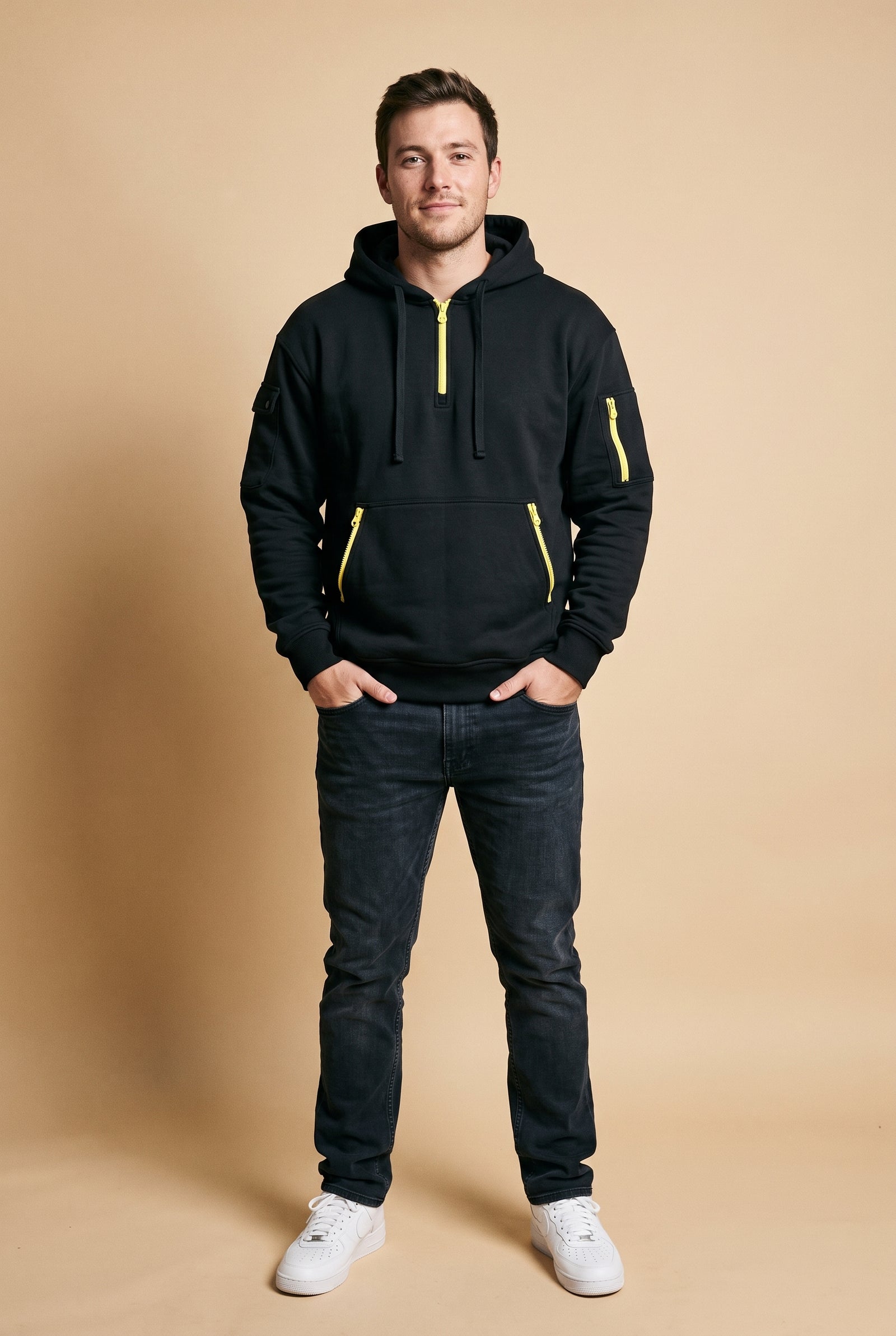 Men's Hoodie Relaxed Fit in Black — studio shot