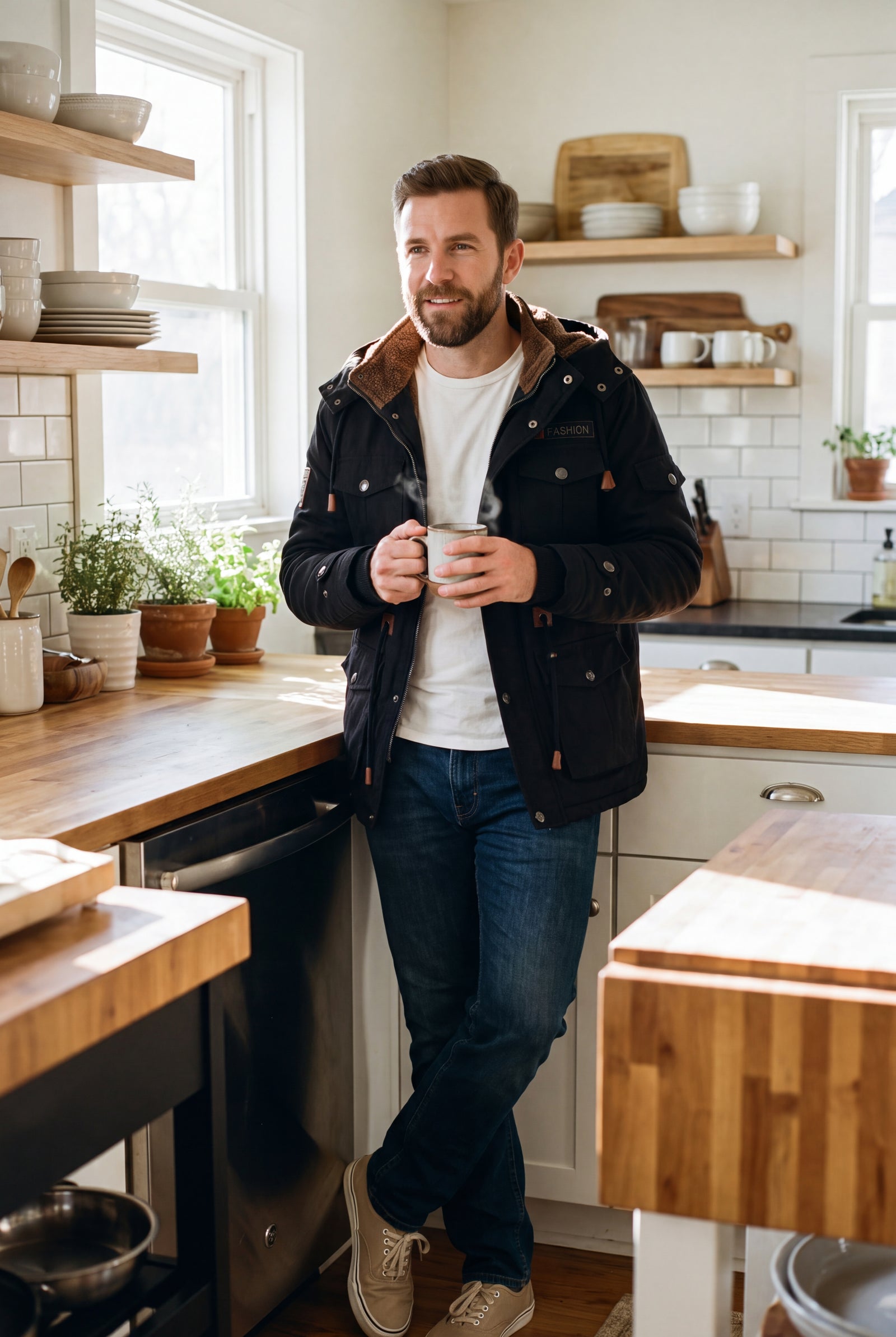 Men's Jacket Hooded Fleece Thermal in Black — lifestyle at home