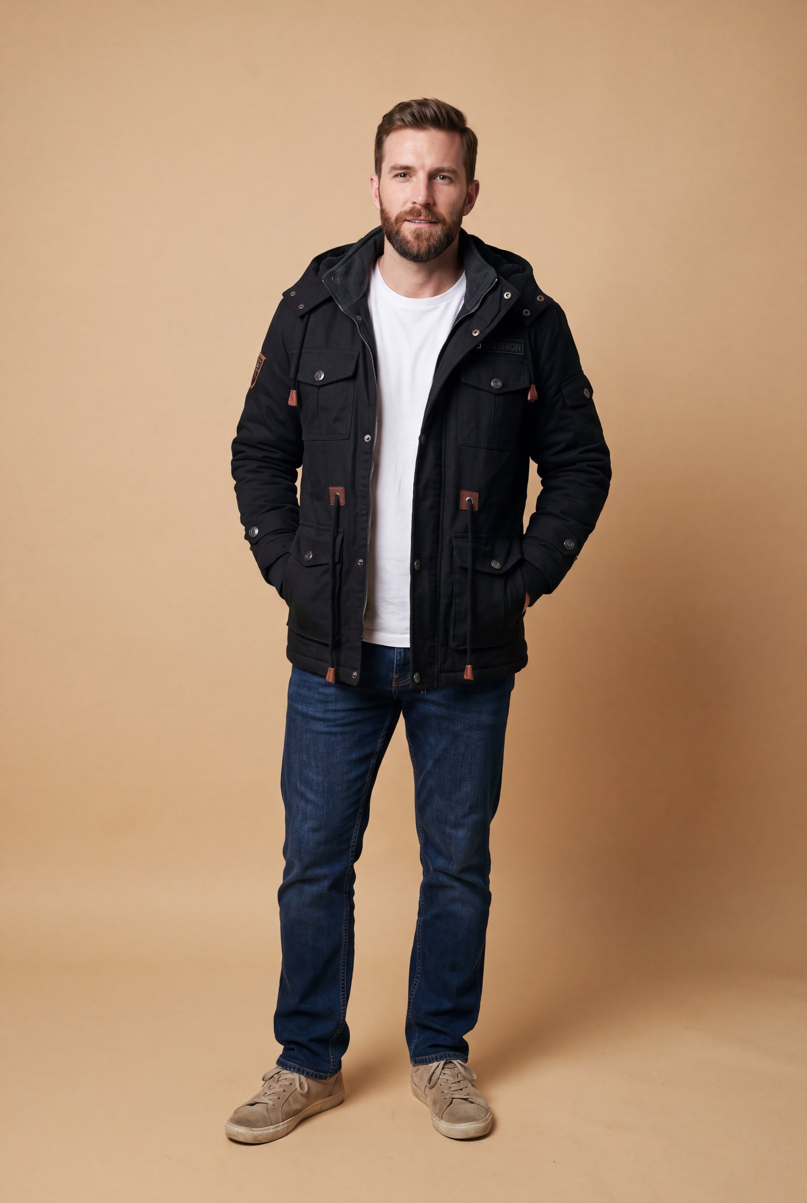 Men's Jacket Hooded Fleece Thermal in Black — studio full body