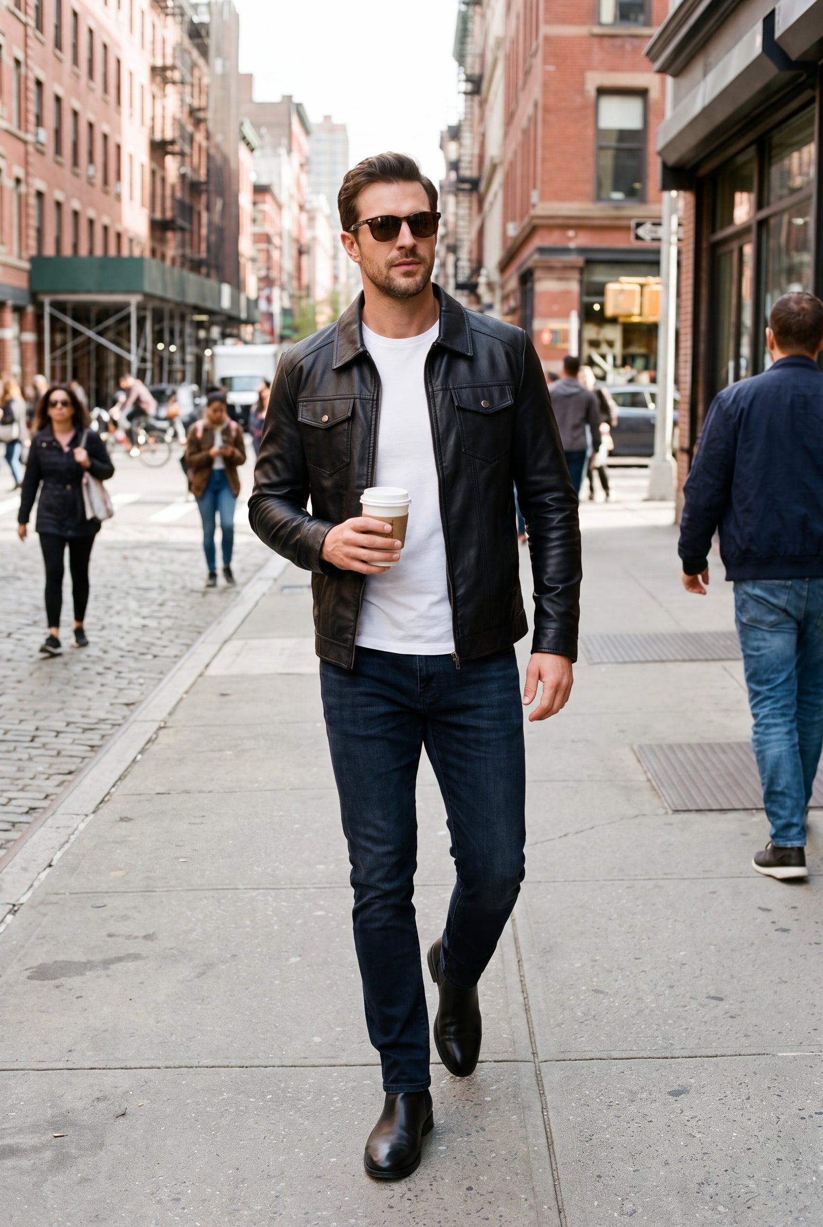 Men's Leather Jacket Classic Fit Black in Black — lifestyle street