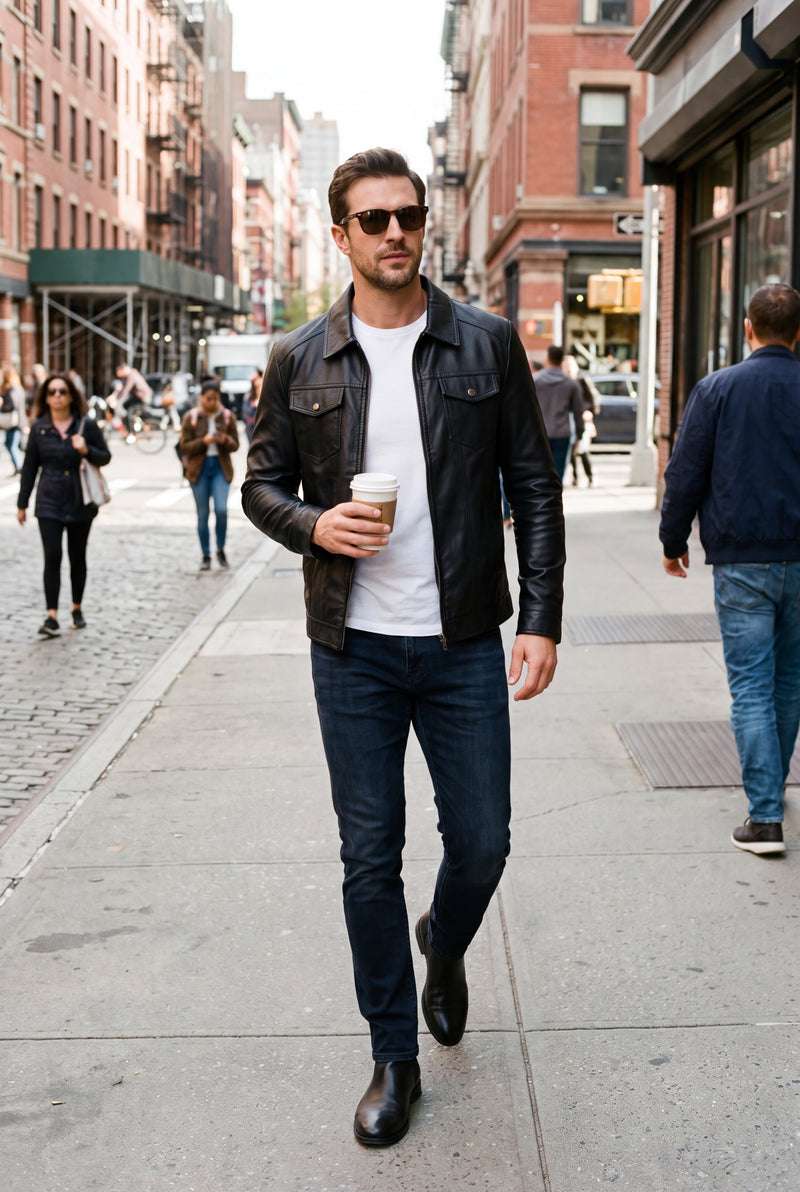Men's Leather Jacket Classic Fit Black in Black — lifestyle street