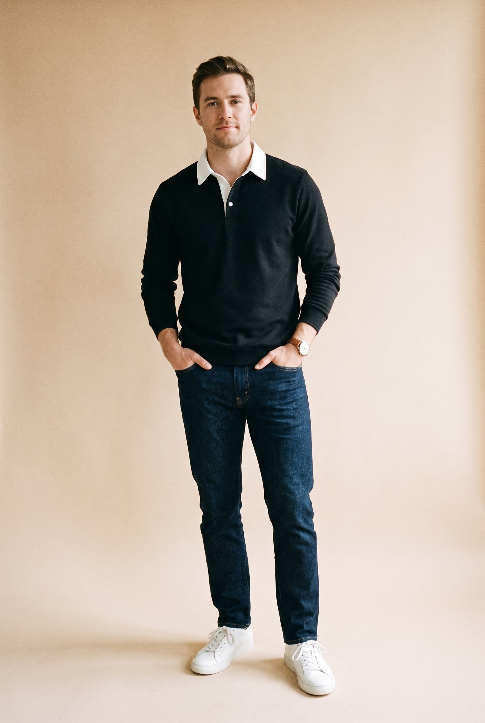 Men's Sweater Collared Regular Fit in Black — studio front