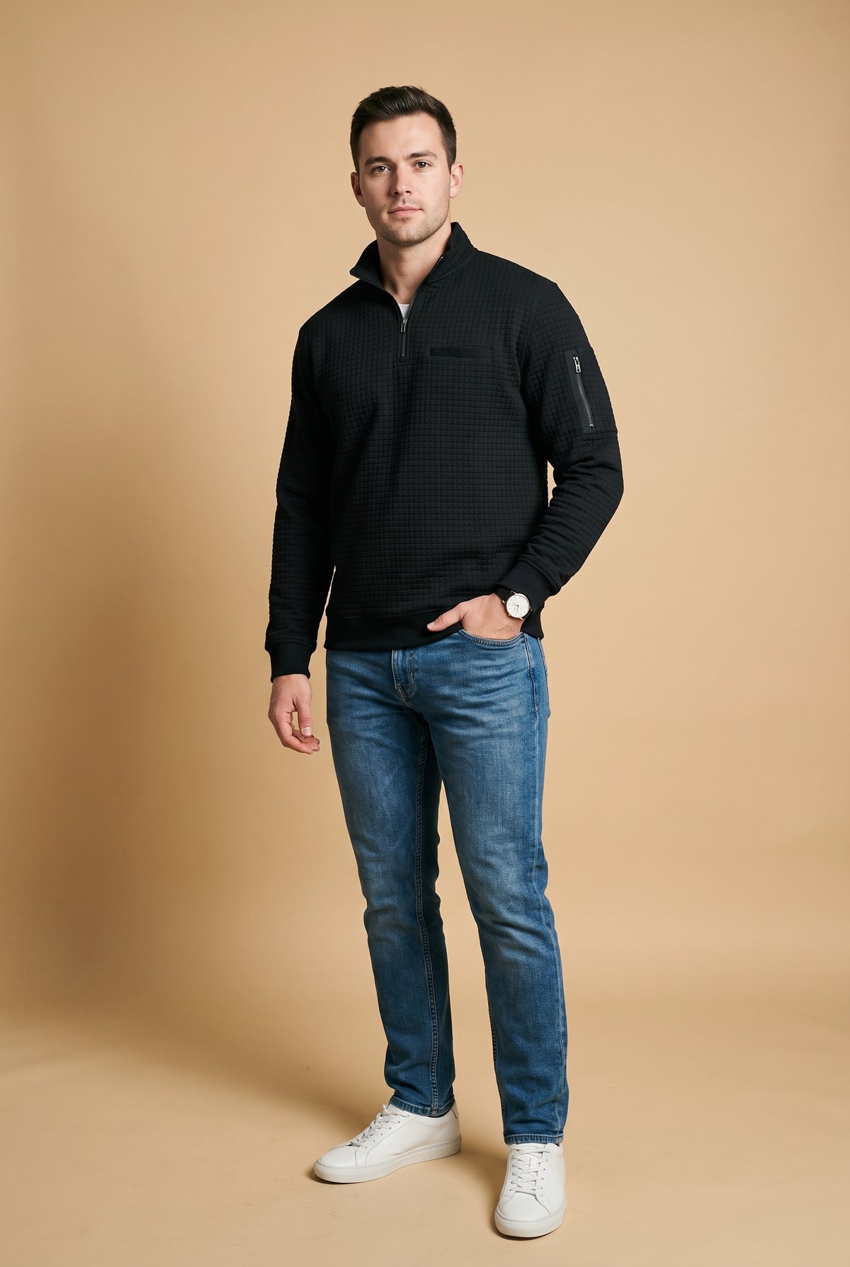 Men's Sweater Long Sleeve Waffle in Black — primary studio