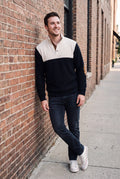 Men's Sweater Stand Collar Two-Tone in Black — city sidewalk