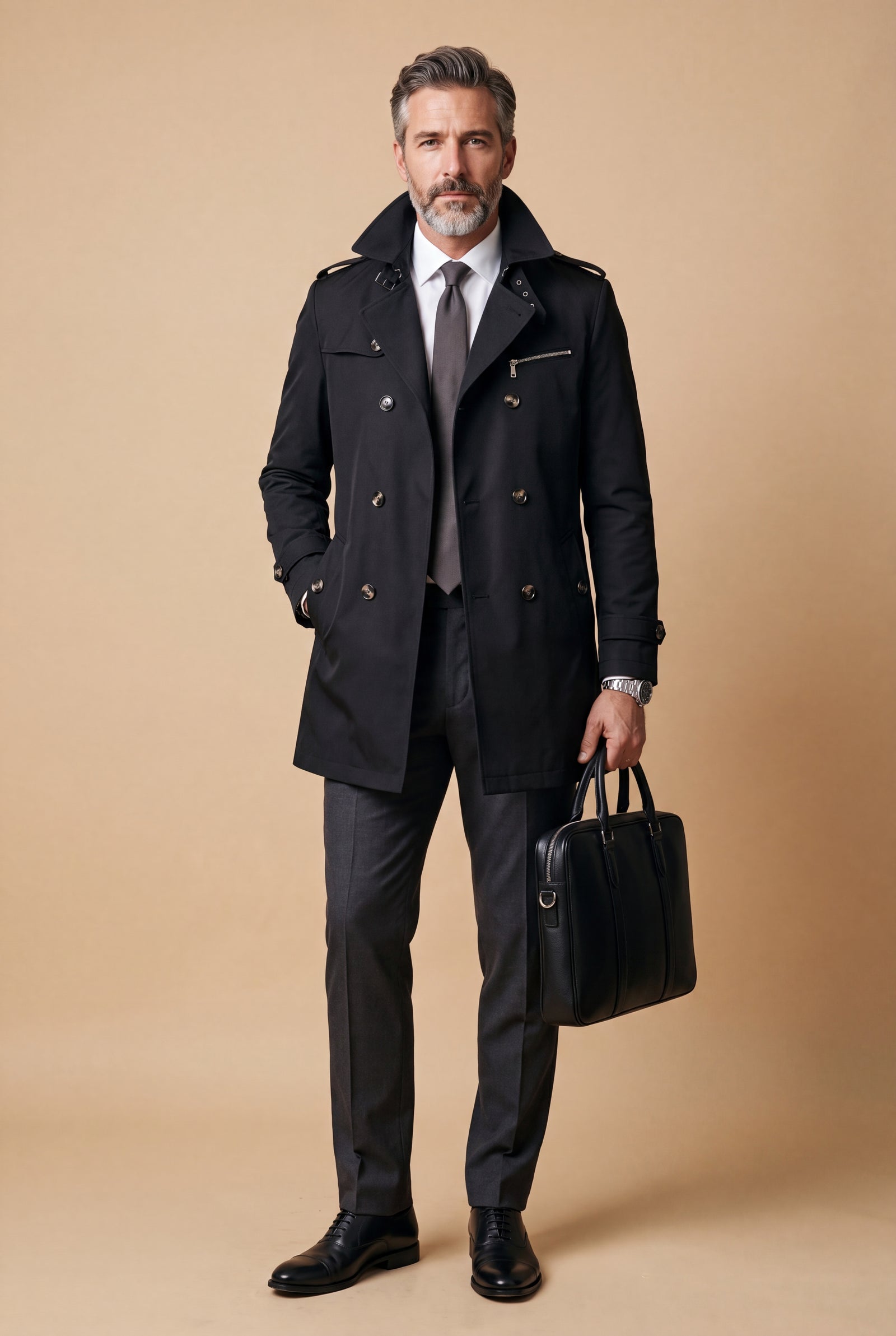 Men's Trench Coat Double Breasted in Black — studio full body