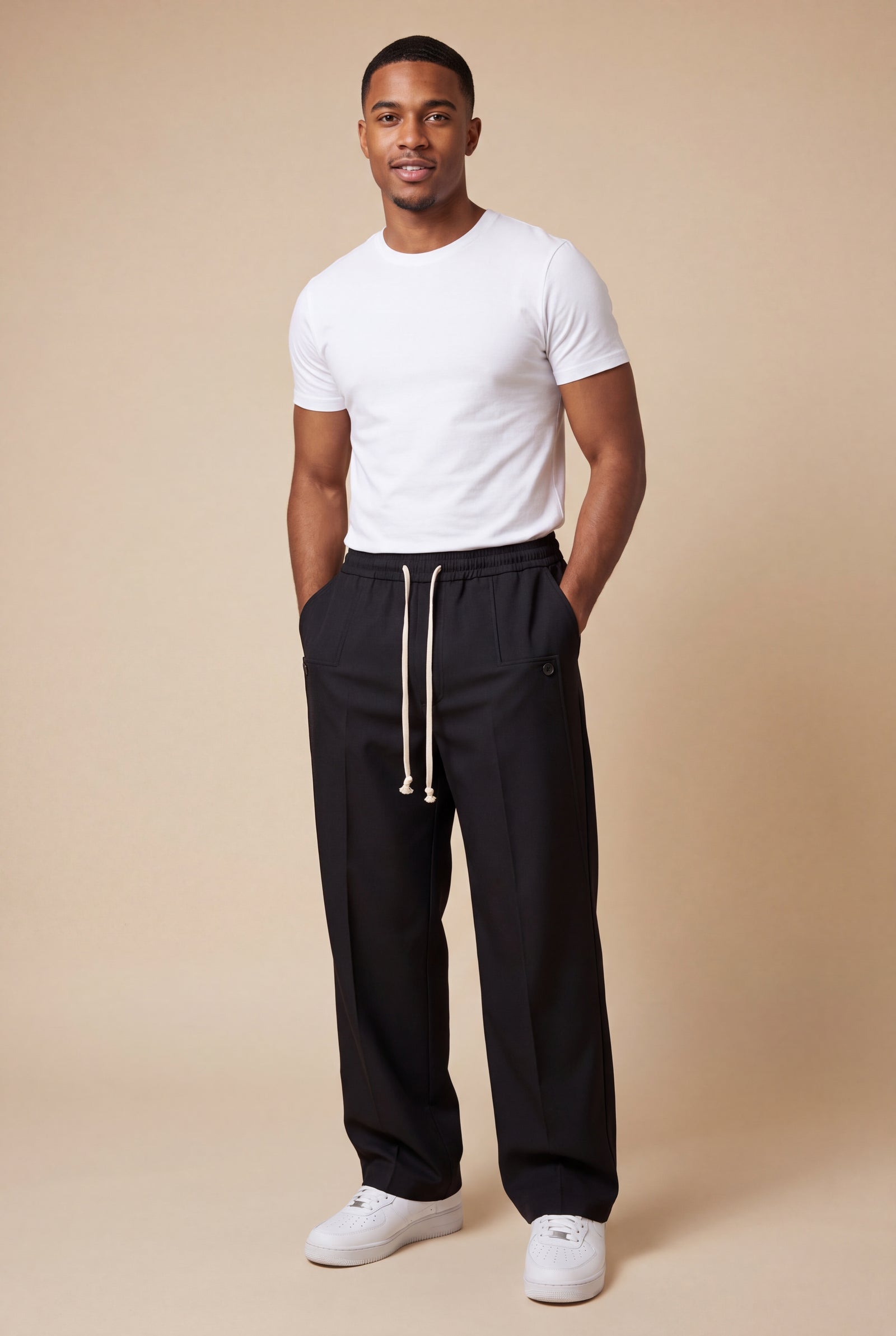 Men's Trousers Wide Leg Drawstring in Black — studio front