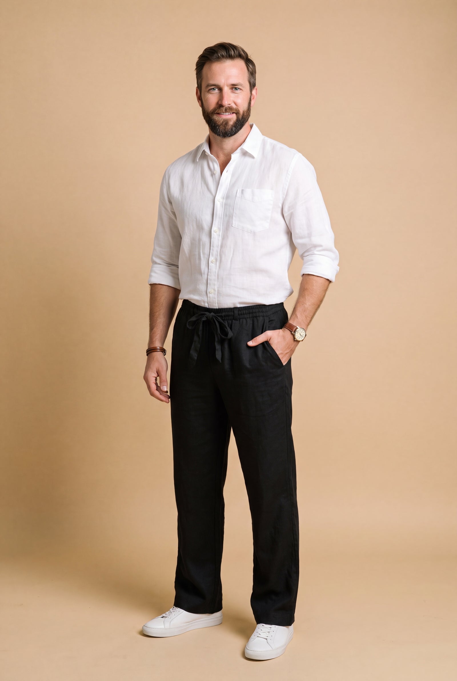 Men's Trousers Wide Leg Drawstring in Black — studio full body