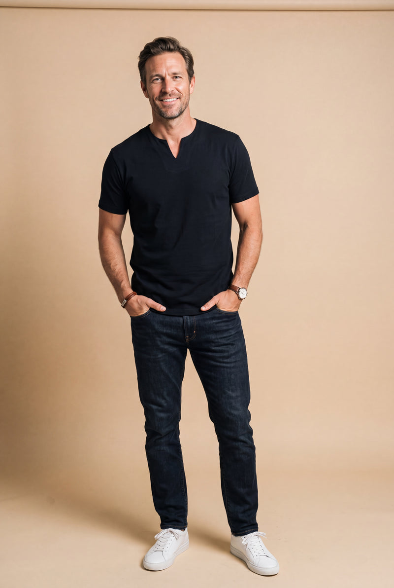 Men's V-Neck T-Shirt Short Sleeve in Black — studio front