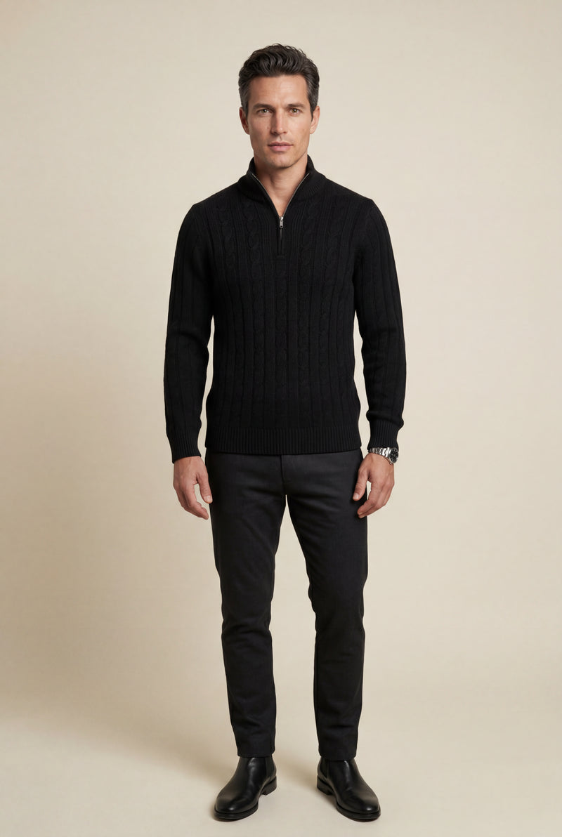 Black Men's Cable Mock Neck Half Zip Sweater - Mock neck sweater - Photo 1