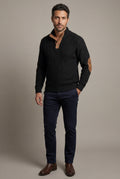 Black Men's Cable Pullover Sweater with Elbow Patches - Photo 2