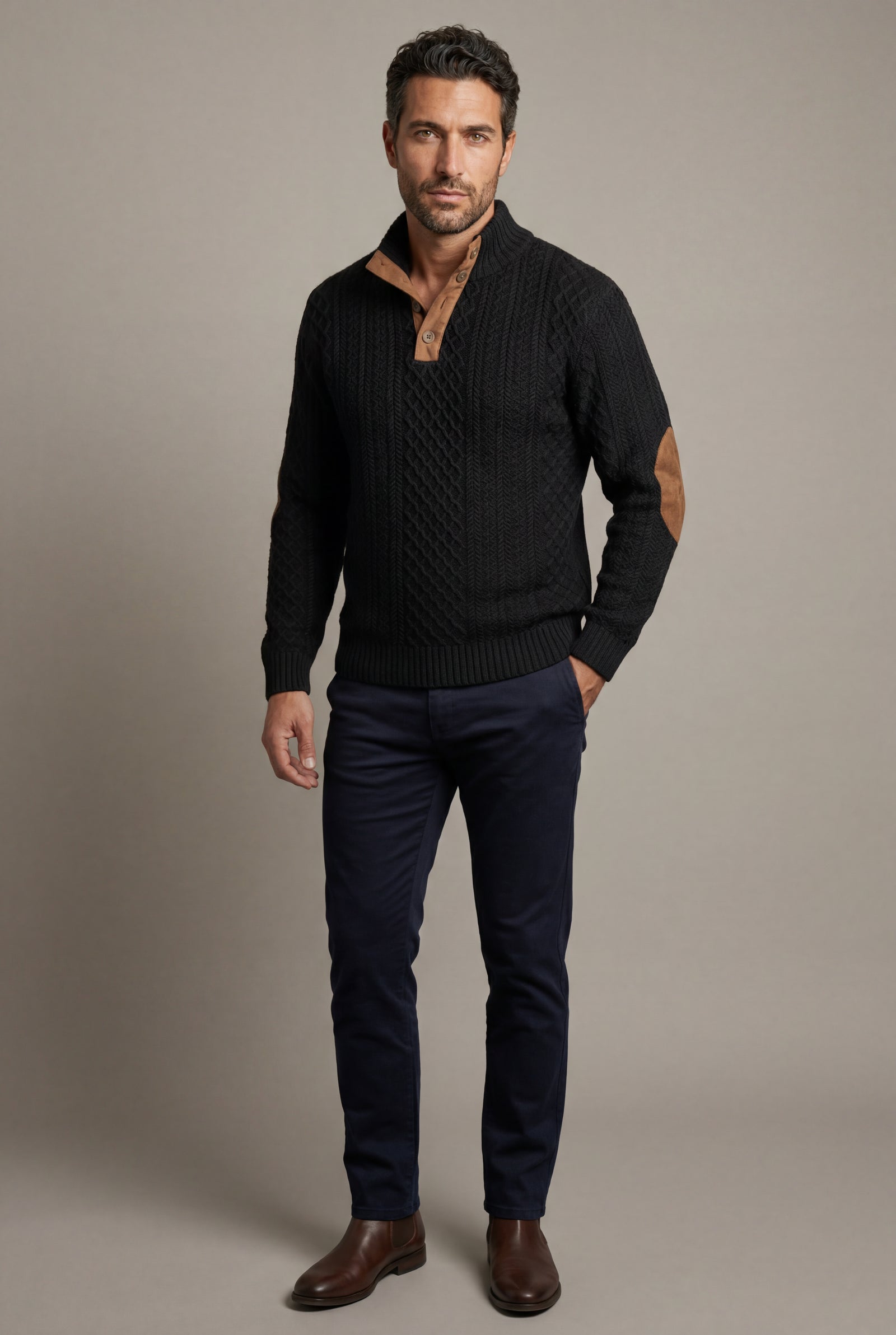 Black Men's Cable Pullover Sweater with Elbow Patches - Photo 2