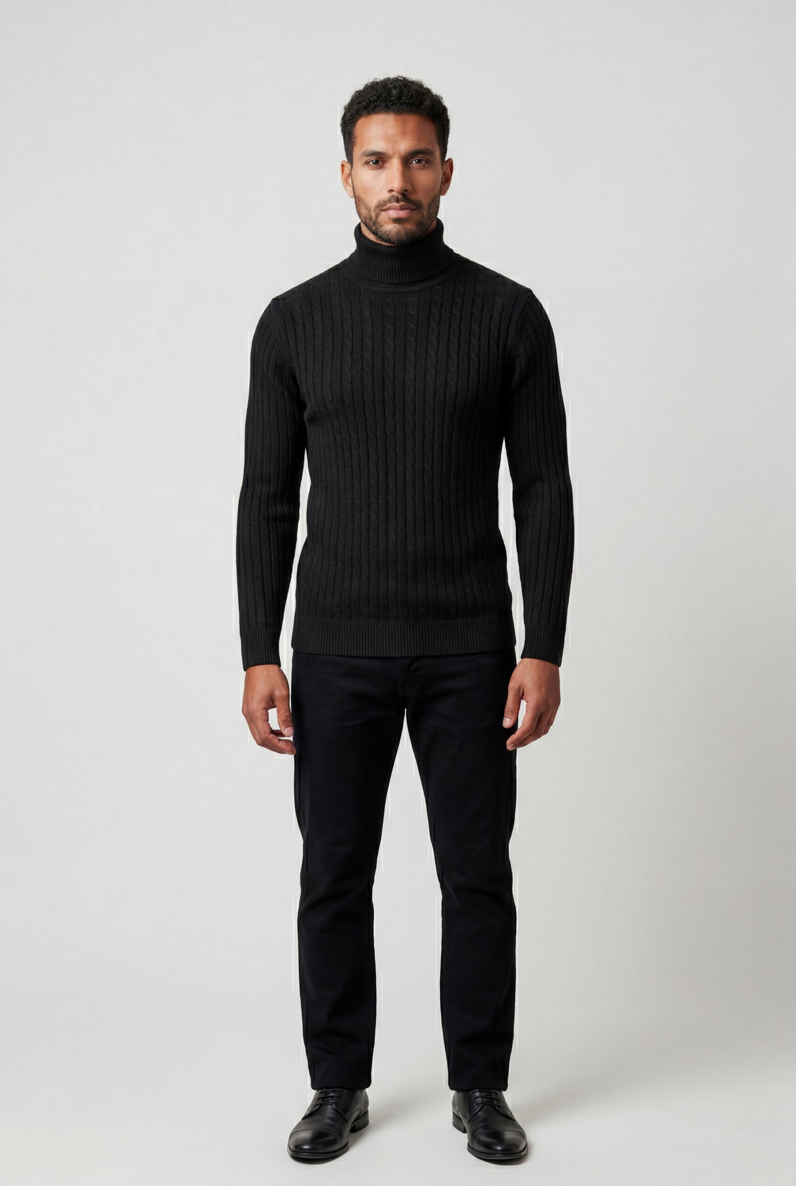 Black Men's Cable Turtleneck Slim Fit Sweater - Turtleneck sweater - Photo 2