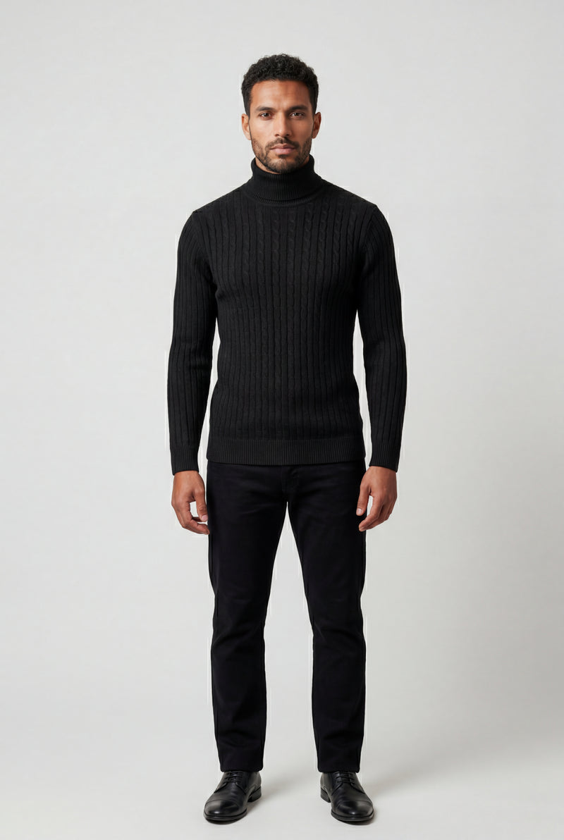 Black Men's Cable Turtleneck Slim Fit Sweater - Turtleneck sweater - Photo 2