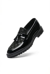 Black Men's Checked Patent Tassel Loafers with Chunky Lug Sole - Photo 1