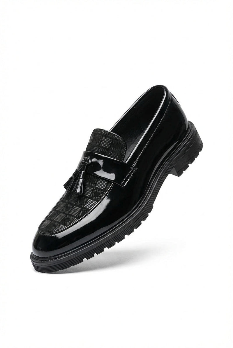 Black Men's Checked Patent Tassel Loafers with Chunky Lug Sole - Photo 1