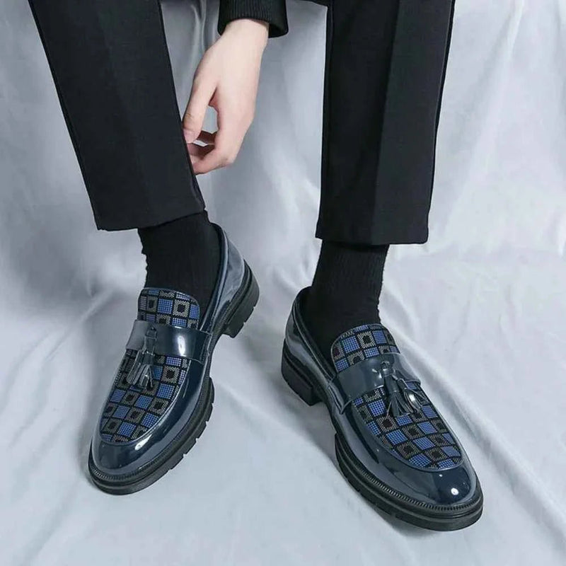 Men's Checked Patent Tassel Loafers with Chunky Lug Sole - Photo 4