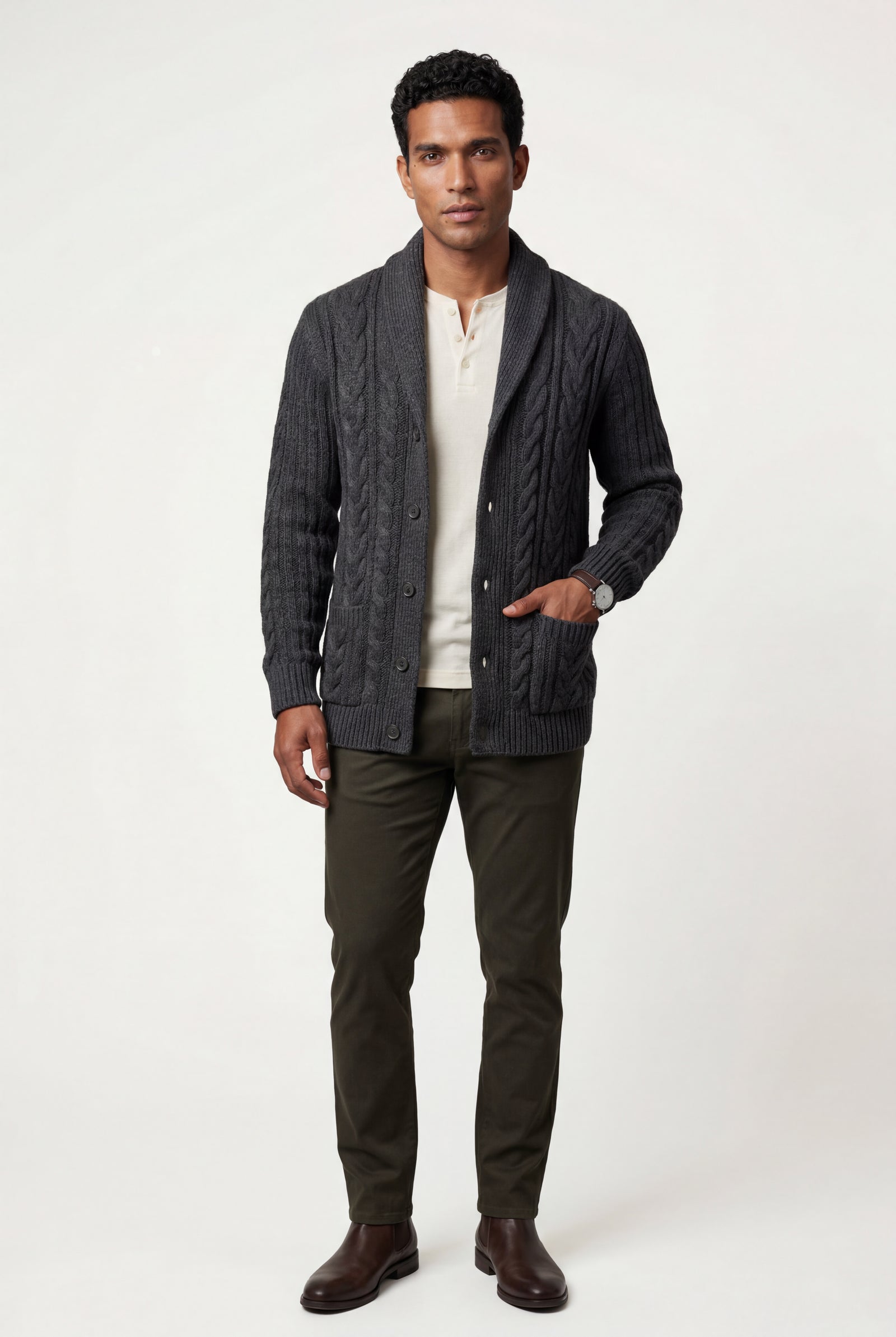 Black Men's Chunky Cable Shawl Collar Cardigan - Photo 6
