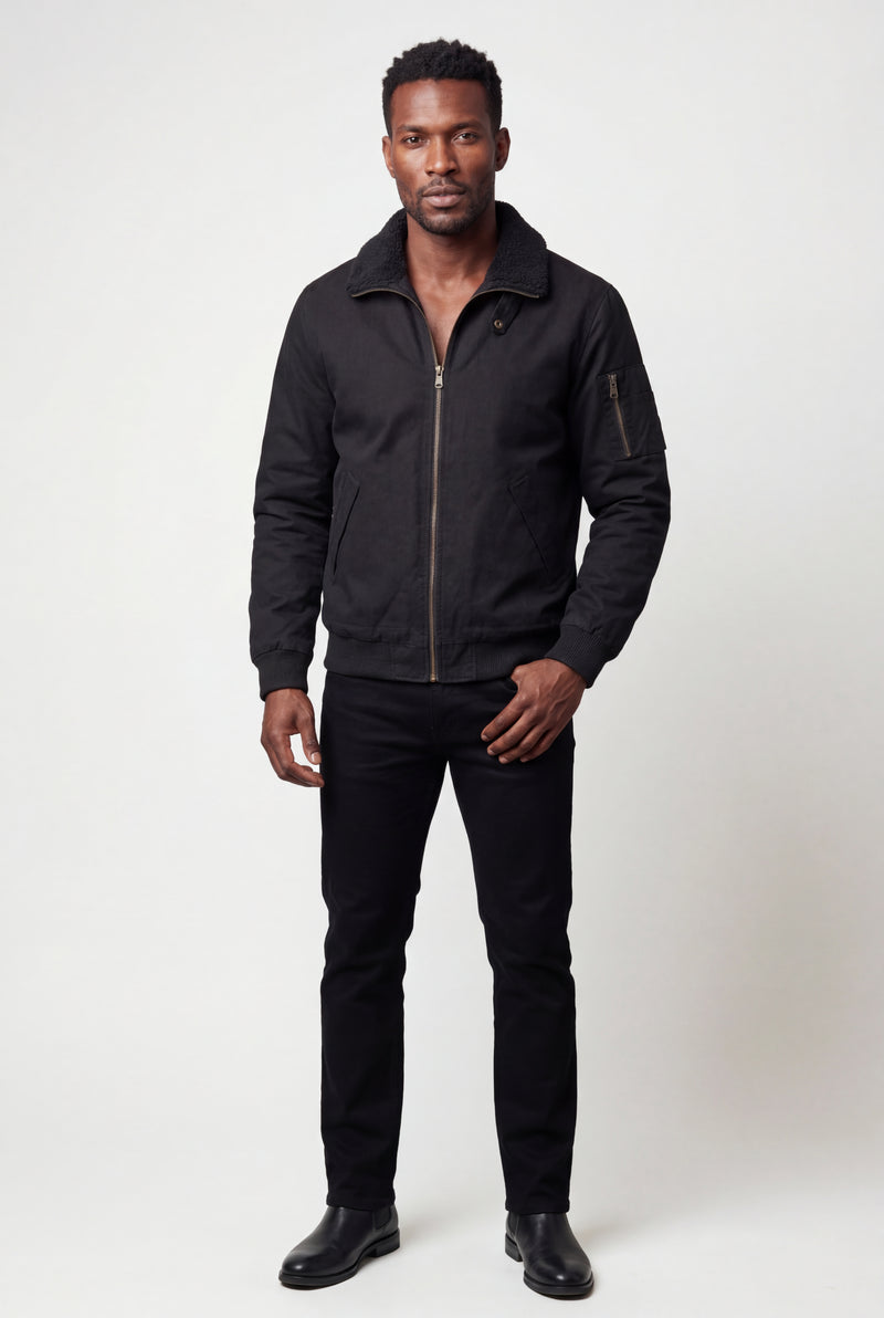 Black Men's Faux Collar Classic Bomber Jacket - Casual jacket - Photo 2