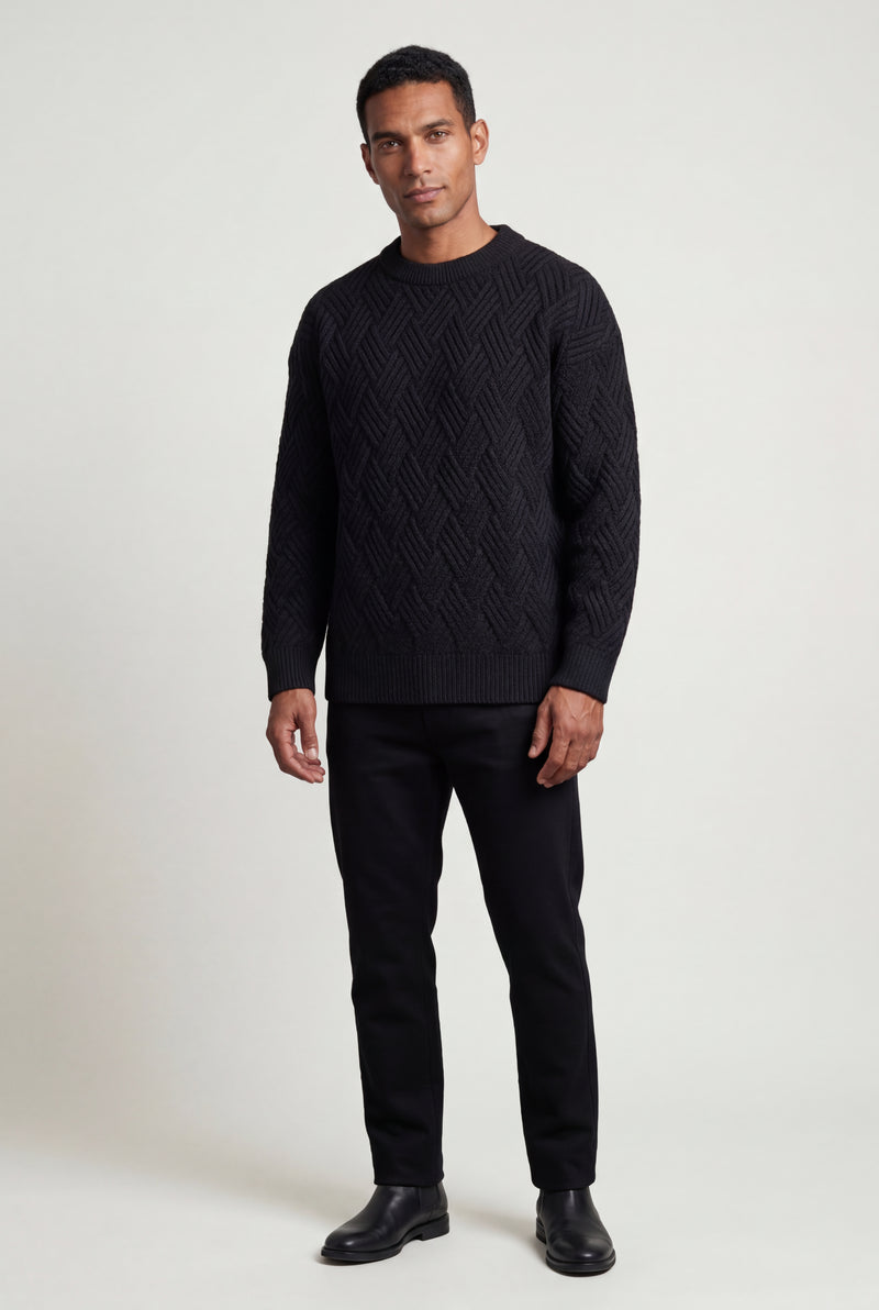 Black Men's Geometric Cable- Textured Pullover Sweater - Photo 1