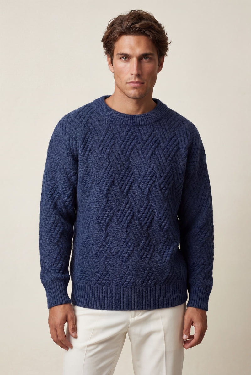 Navy Blue Men's Geometric Cable- Textured Pullover Sweater - Photo 2