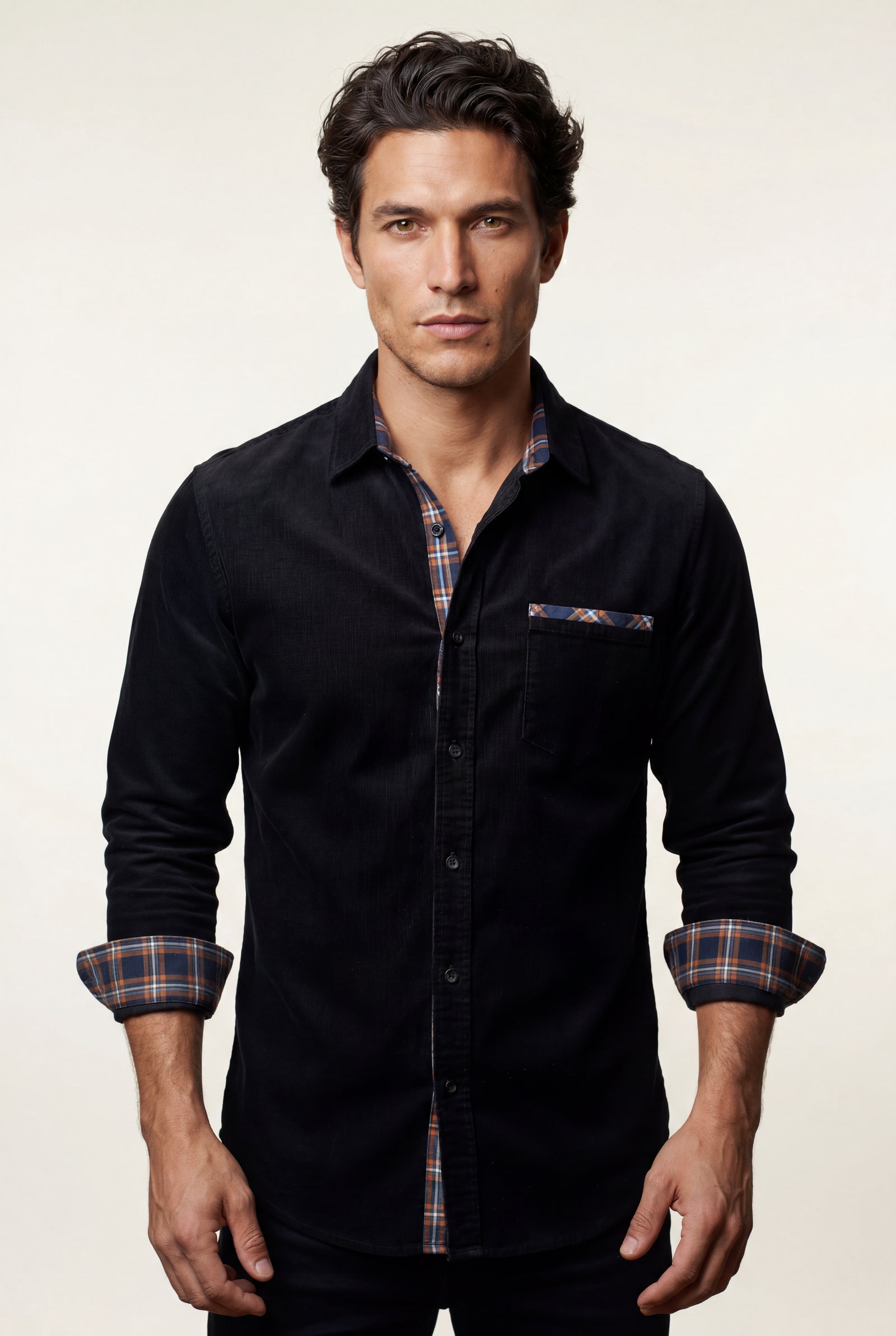 Black Men's Plaid Trim Button-Up Casual Shirt - Photo 2