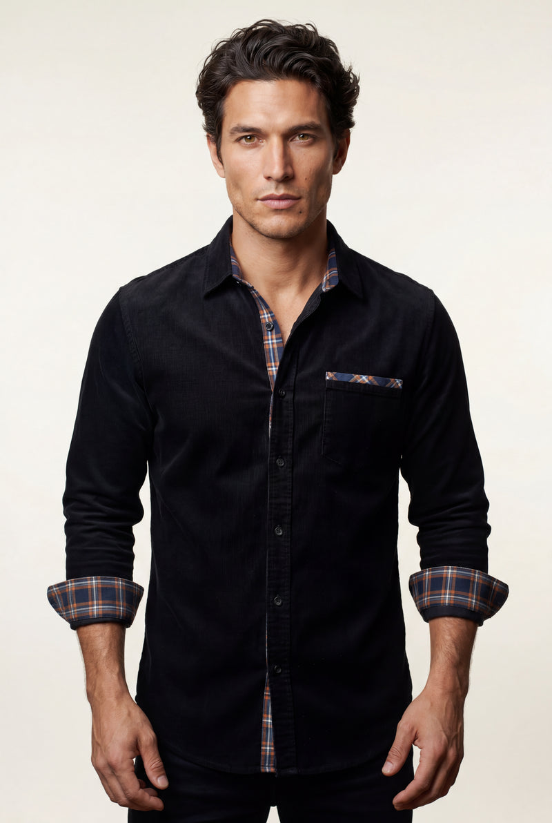 Black Men's Plaid Trim Button-Up Casual Shirt - Photo 2