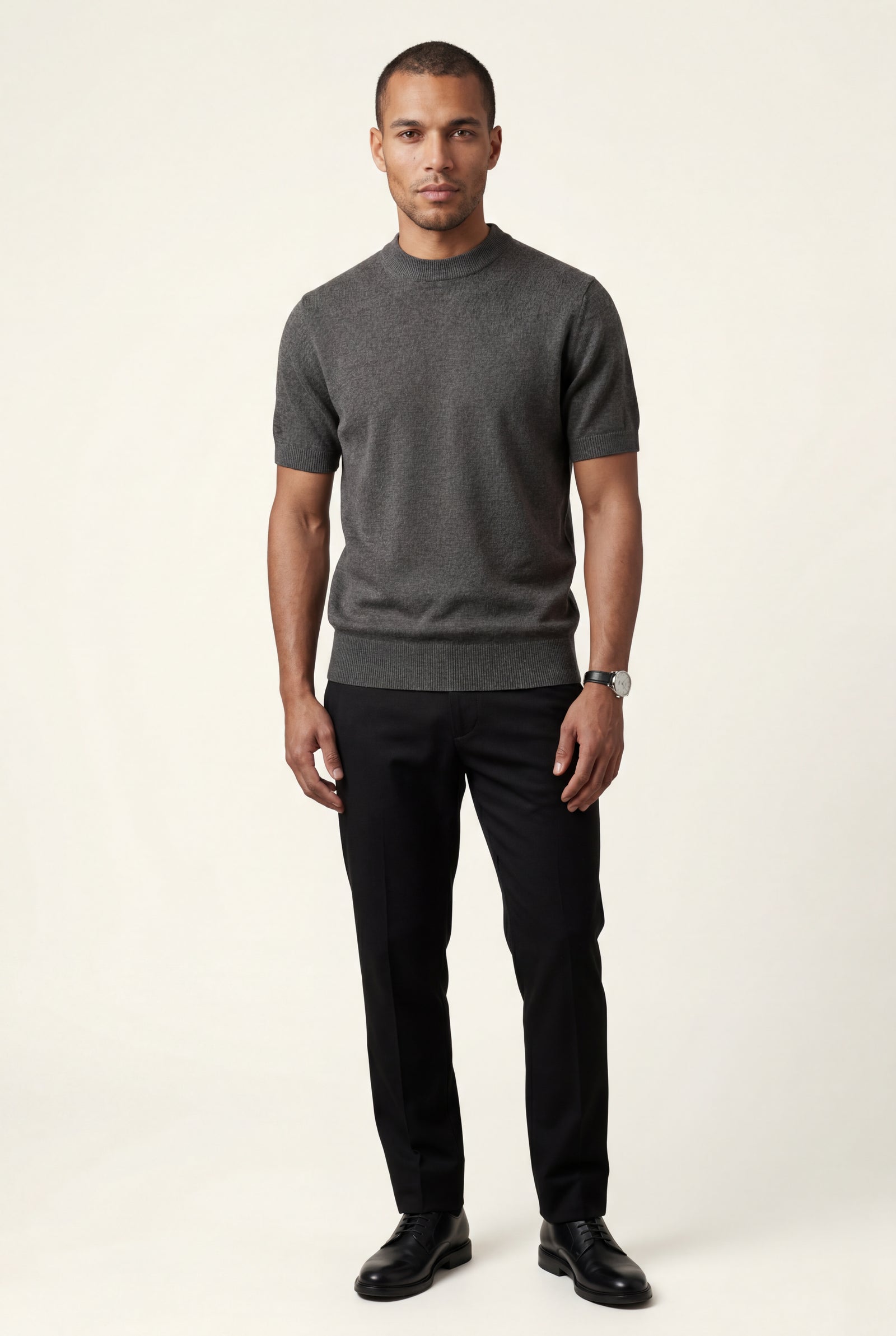 Black Men's Slim Fit Knitted Short Sleeve T-Shirt - Slim fit t-shirts - Photo 13