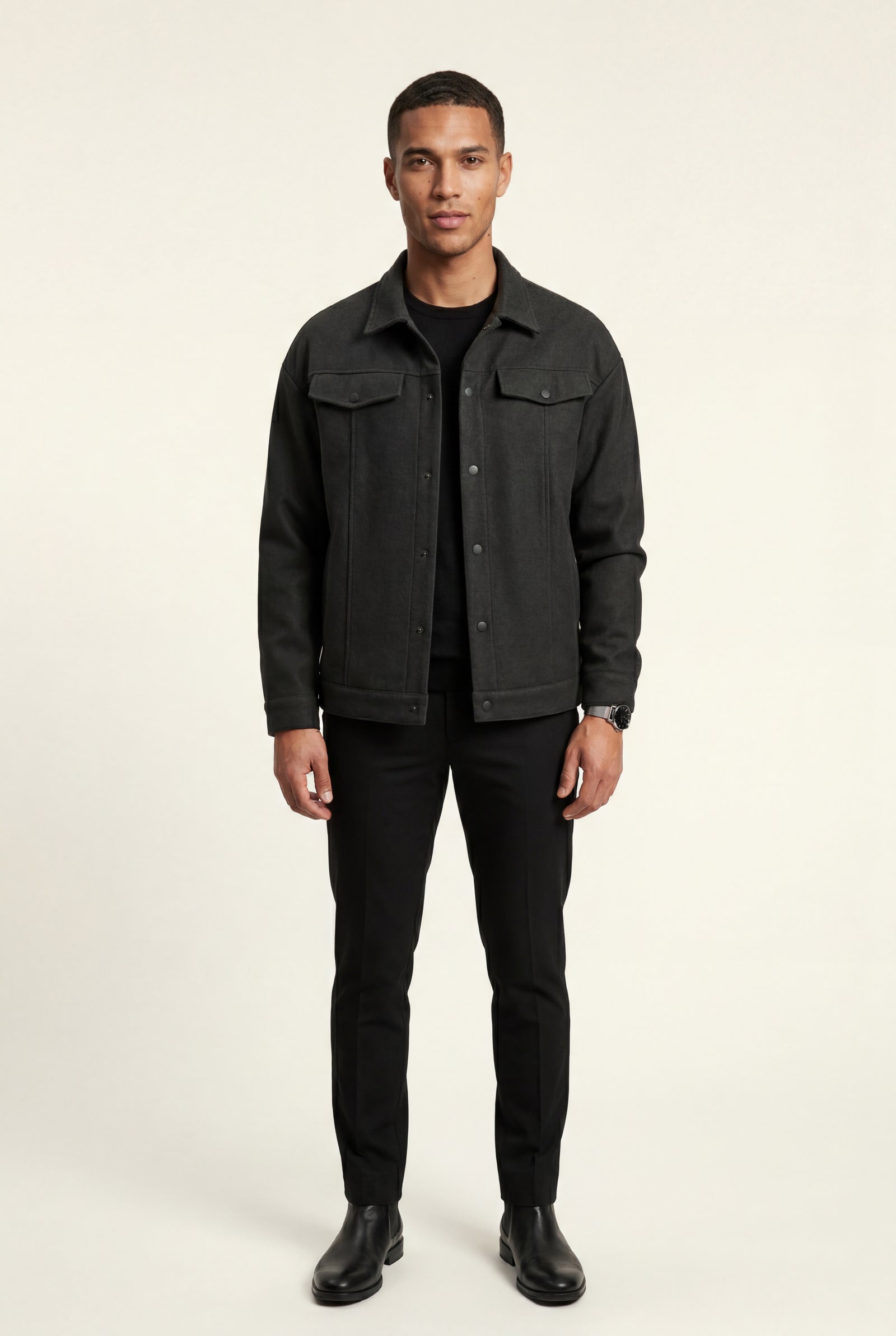 Black Men's Structured Snap Front Classic Trucker Jacket - Casual jackets - Photo 2