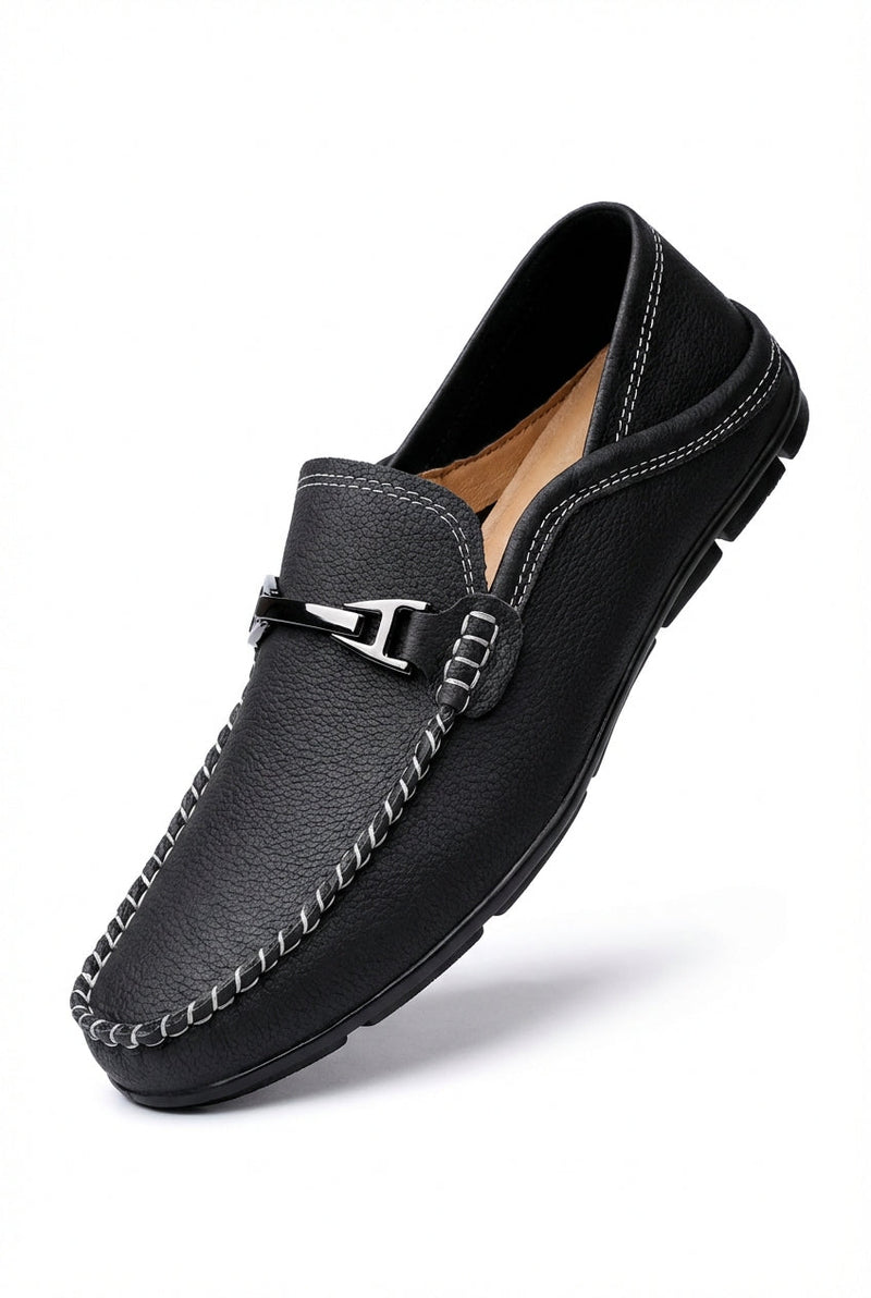 Black Metal Bit Detail Driving Loafers with Contrast Stitching - Photo 1