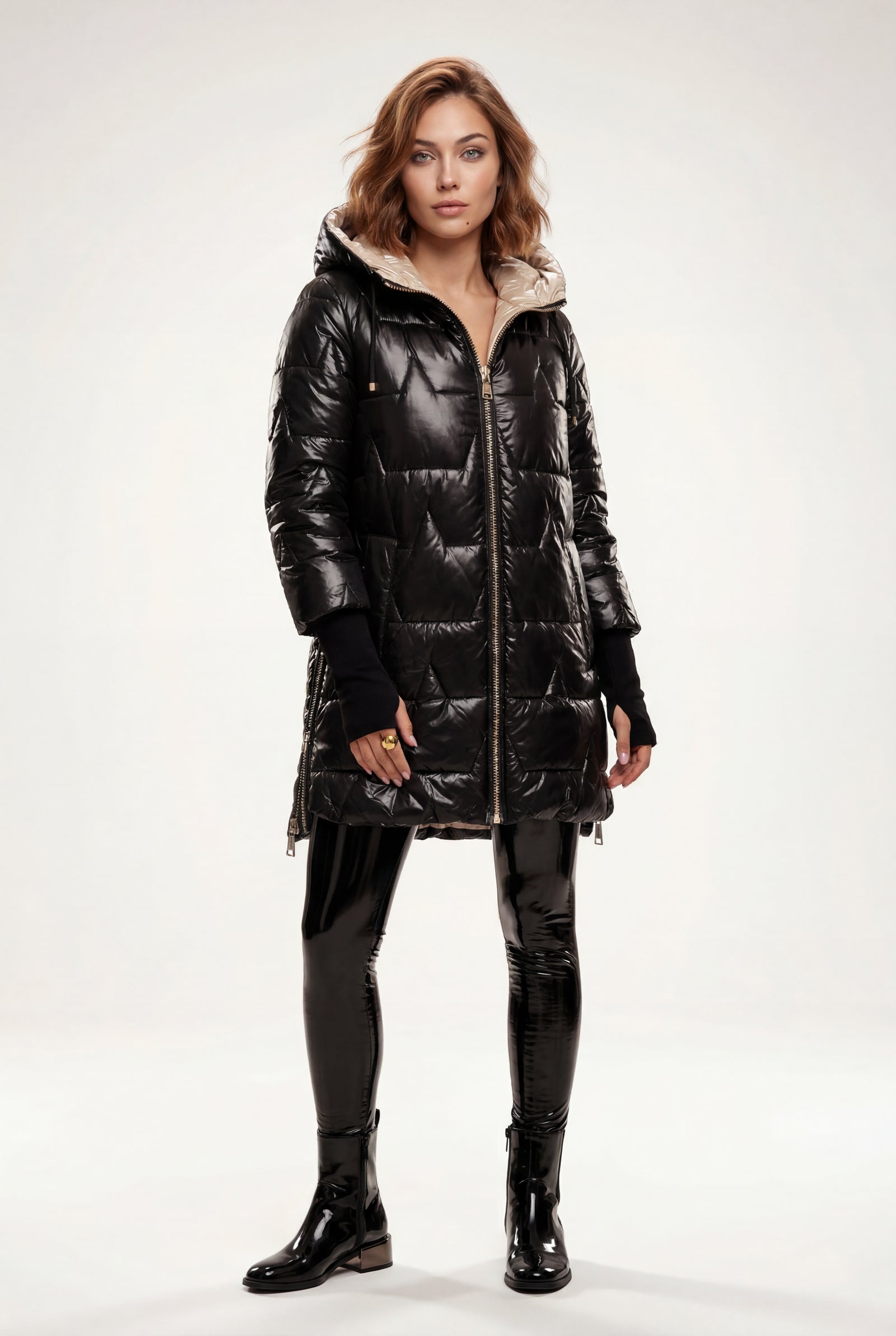 Black Metallic Quilted Hooded Mid-length Puffer Jacket - Quilted jackets - Photo 1