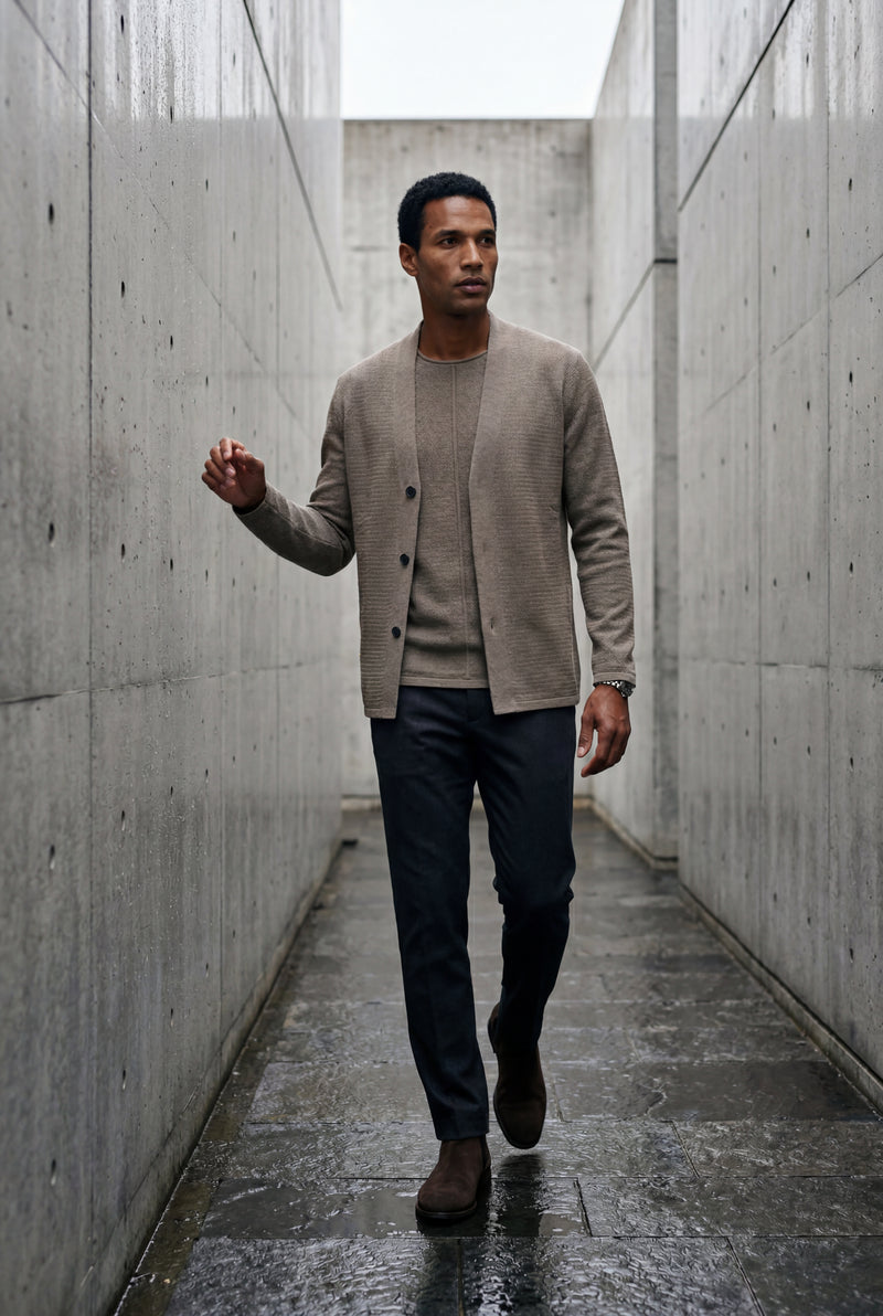 Taupe Minimalist Collarless Button Placket Cardigan Jacket - Cardigans - Photo 2