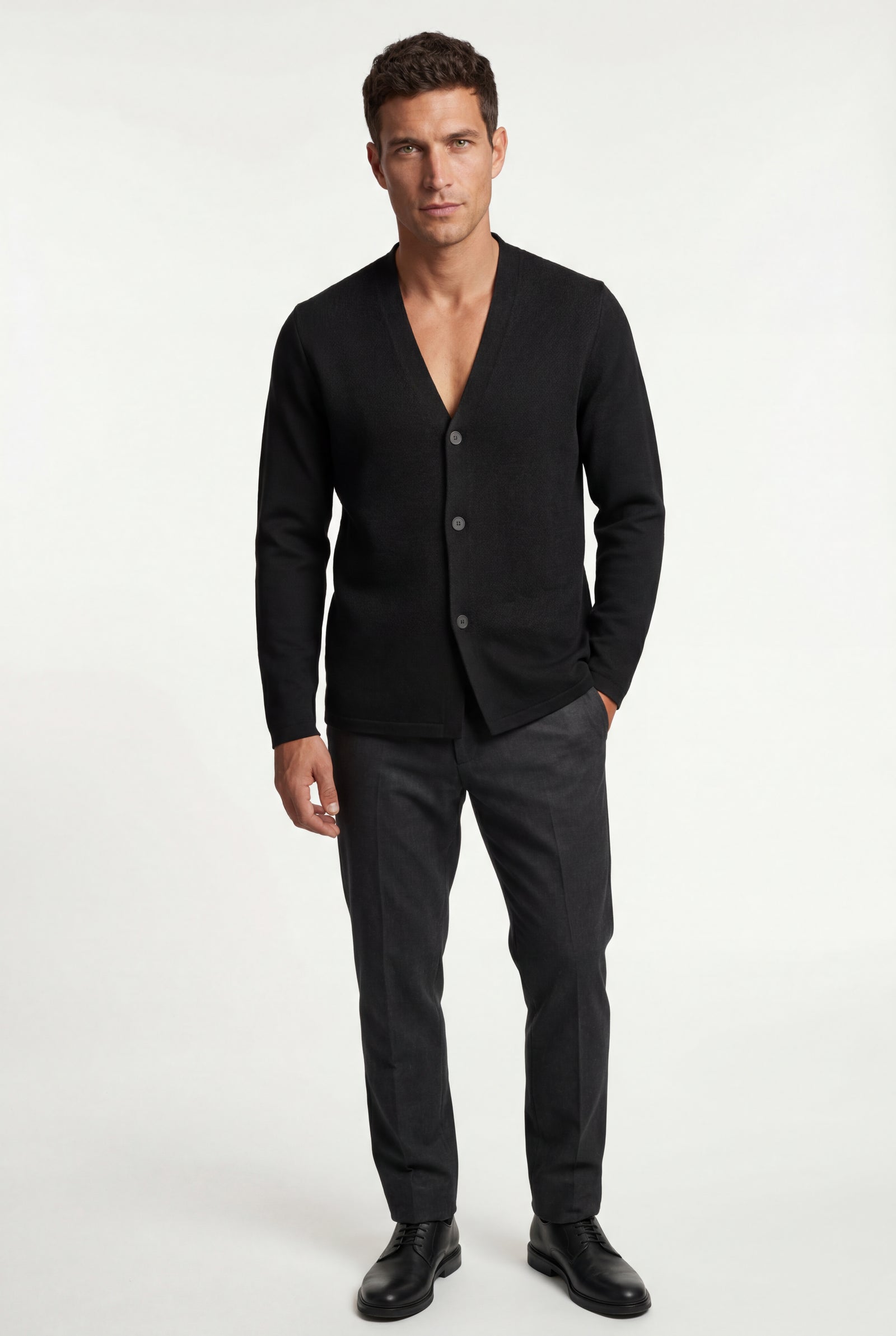 Black Minimalist Collarless Button Placket Cardigan Jacket - Cardigans - Photo 5