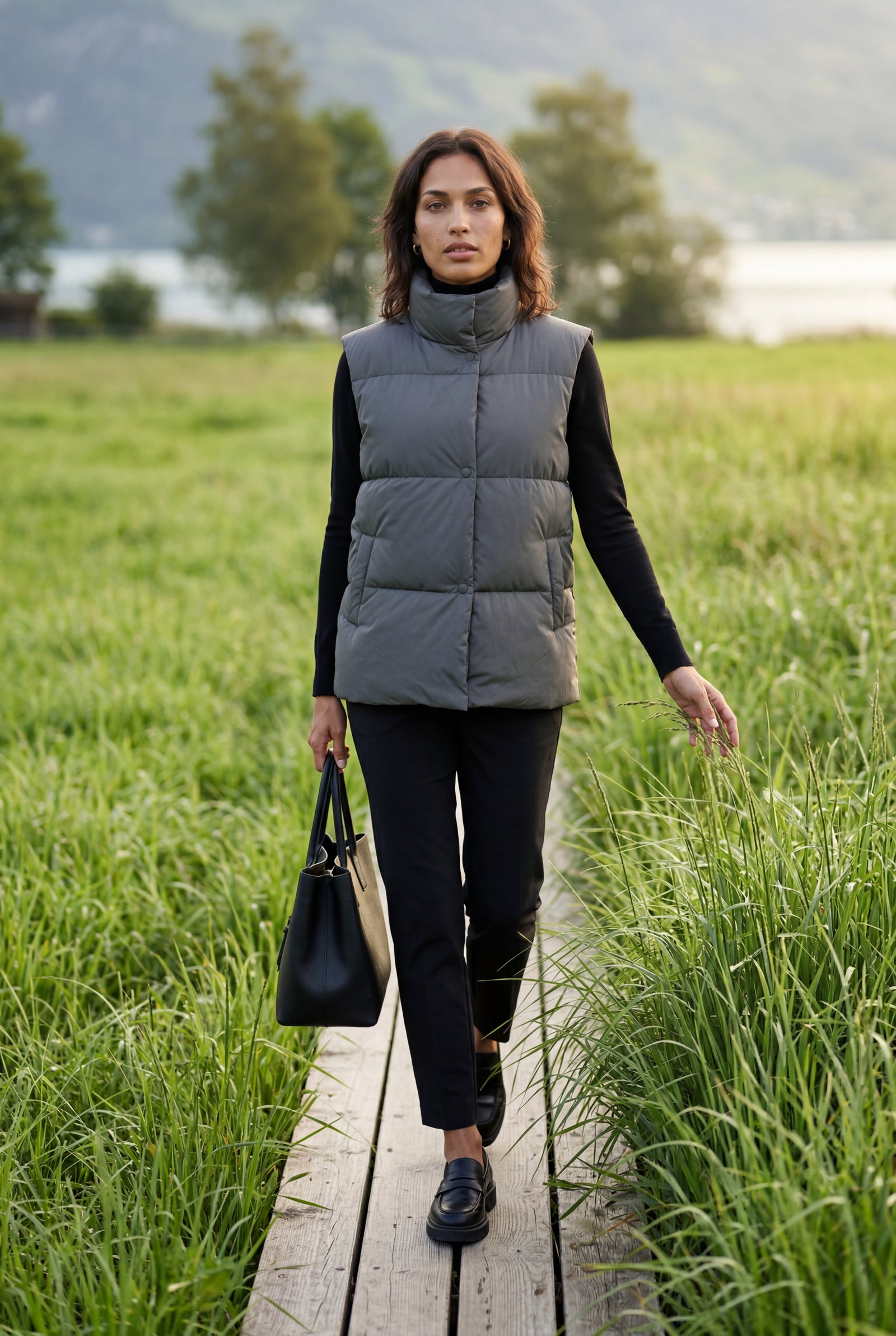Gray Minimalist Hip-length Padded Bodywarmer Vest - Photo 3
