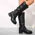 Black Multiple Buckle Strap Tall Biker Boots - Photo 5