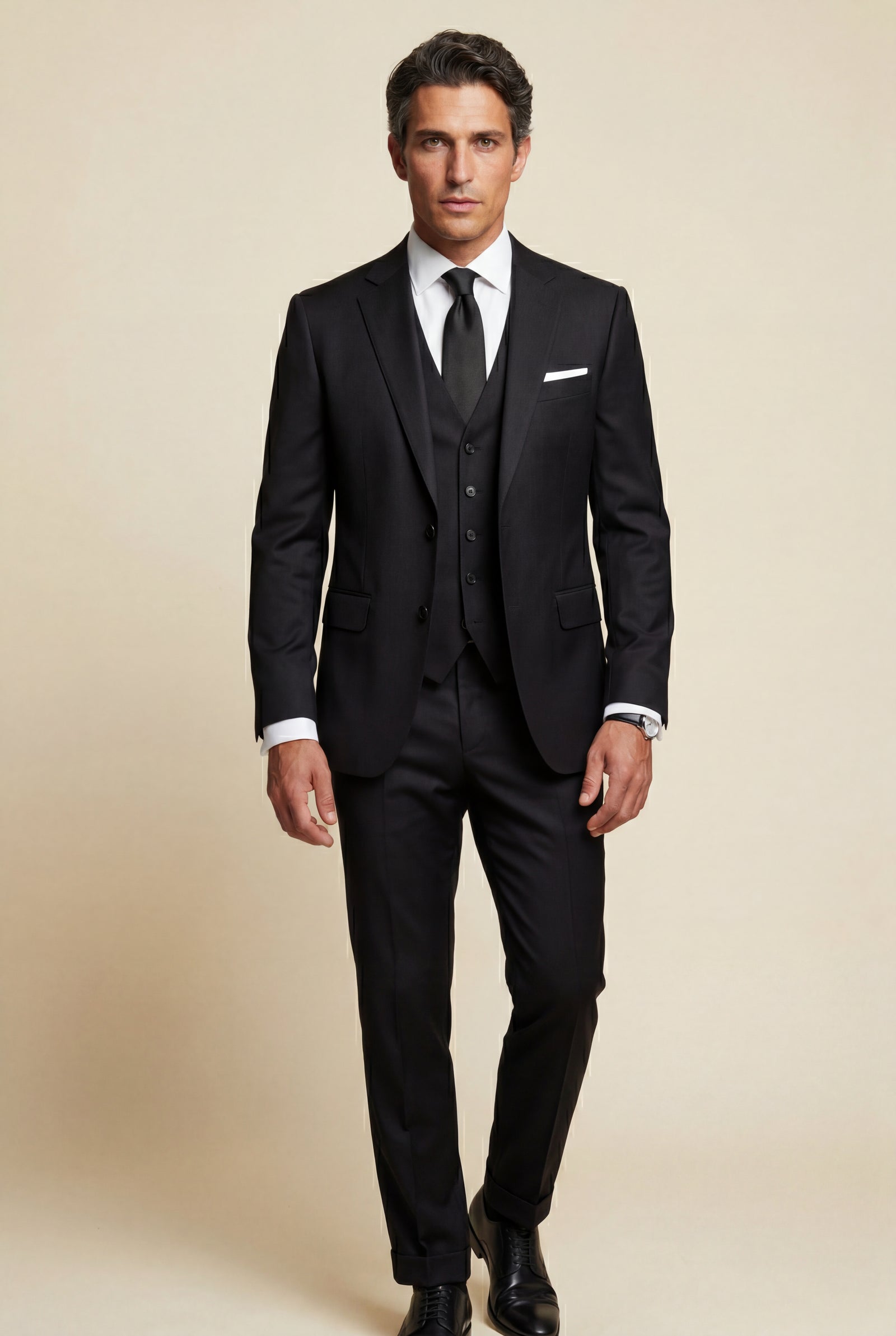 Black Notch Lapel Tailored Three-piece Suit - Photo 7